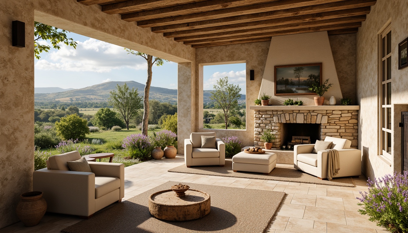 Prompt: Rustic French country cottage, warm beige stonewalls, distressed wood accents, soft cream-colored furniture, vintage metal decor, muted earthy tones, terracotta pots, lush greenery, sun-kissed fields, rolling hills, lavender blooms, warm golden lighting, shallow depth of field, 1/1 composition, realistic textures, ambient occlusion.