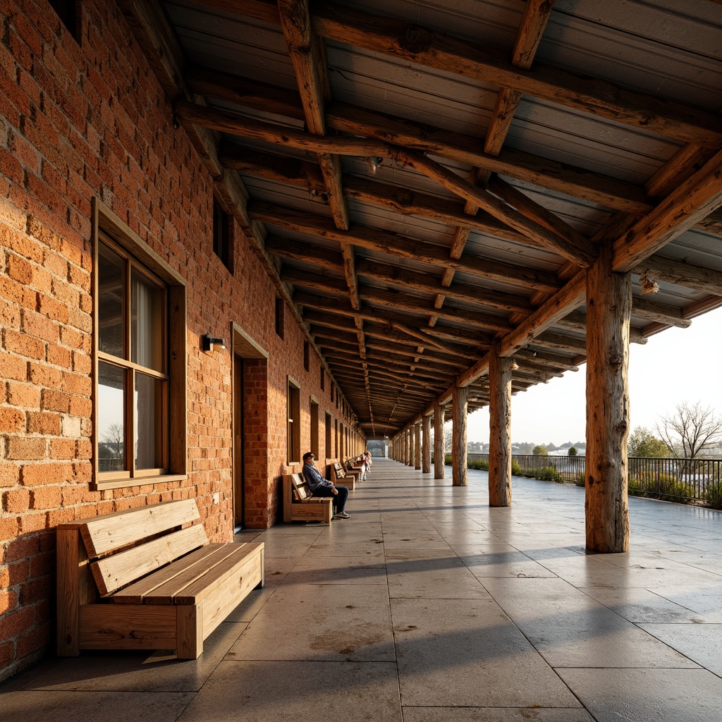 Prompt: Rustic bus station, earthy tones, natural materials, wooden accents, corrugated metal roofs, clay brick walls, concrete flooring, exposed wooden beams, traditional architectural elements, regional cultural influences, locally sourced materials, sustainable design practices, energy-efficient systems, ample natural light, soft warm illumination, shallow depth of field, 3/4 composition, panoramic view, realistic textures, ambient occlusion.