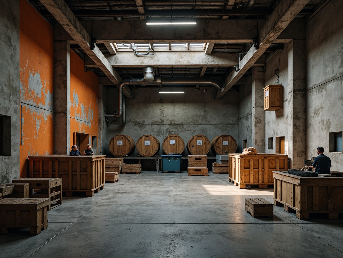 Prompt: Industrial storage rooms, brutalist architecture, raw concrete walls, exposed ductwork, metallic accents, bold color schemes, muted earth tones, weathered steel beams, distressed wood crates, urban decay, dim atmospheric lighting, cinematic shadows, low-key composition, gritty textures, ambient occlusion.