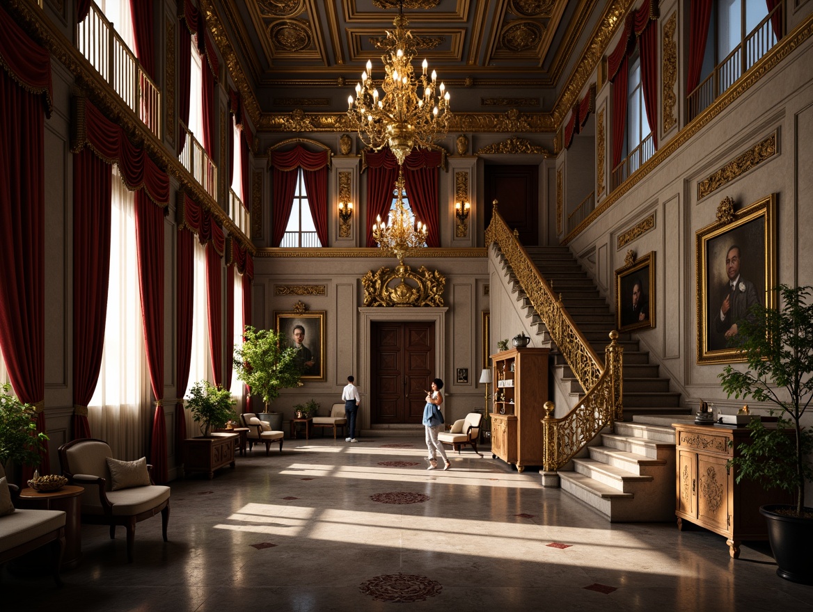 Prompt: Ornate palace, intricately carved stone walls, gilded accents, ornamental metalwork, lavish furnishings, velvet drapes, golden chandeliers, marble floors, grand staircases, dramatic lighting, intense shadows, highly detailed textures, realistic reflections, 1/1 composition, shallow depth of field, soft warm illumination, subtle color grading, opulent atmosphere.