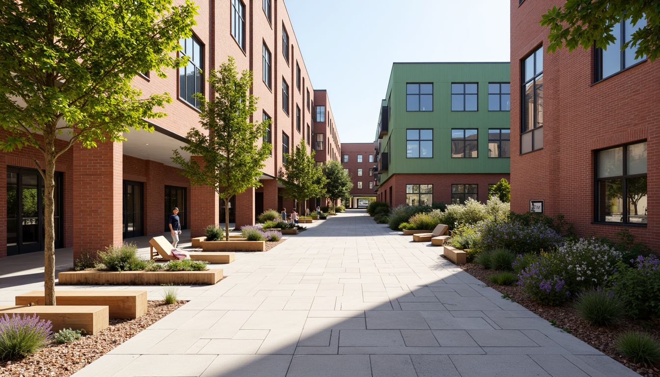 Prompt: Vibrant high school courtyard, exposed brick walls, textured concrete floors, wooden benches, educational signage, modern minimalist architecture, large windows, glass doors, lush greenery, blooming flowers, sunny day, soft warm lighting, shallow depth of field, 3/4 composition, panoramic view, realistic textures, ambient occlusion, geometric patterns, industrial metal accents, distressed wood tones, eclectic color schemes.