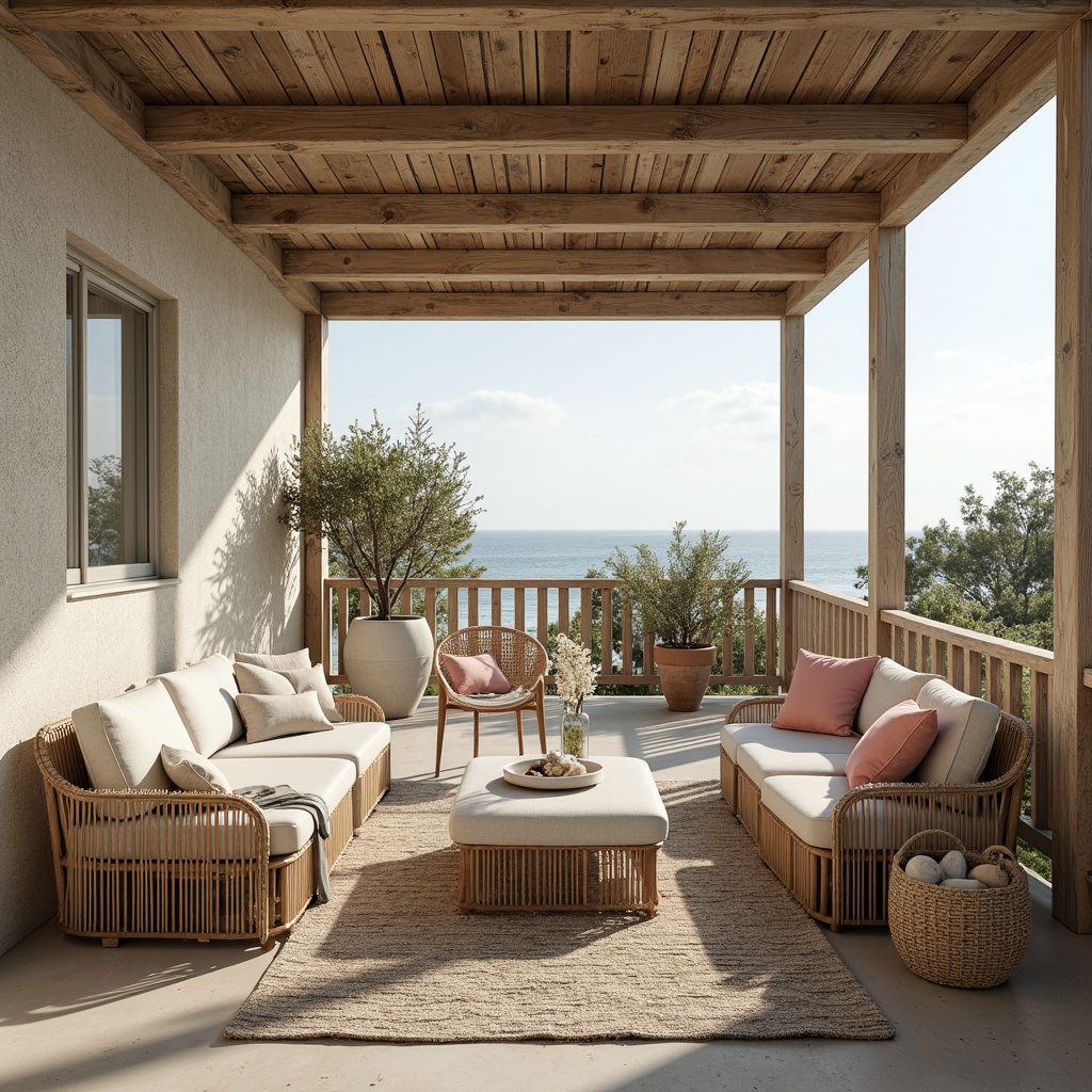 Prompt: Calming coastal cottage, weathered wood accents, soft sandy neutrals, seafoam greens, misty blues, coral pink hues, natural linen fabrics, driftwood furniture, ocean-inspired patterns, shells and pebbles, warm sunny day, gentle sea breeze, shallow depth of field, 1/1 composition, realistic textures, ambient occlusion.