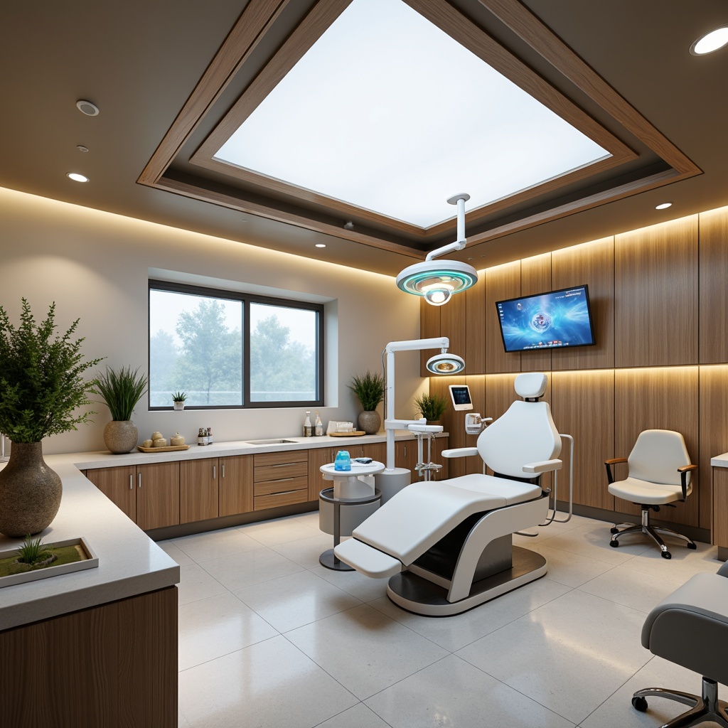 Prompt: Bright dental clinic, modern interior design, sleek equipment, sterilized atmosphere, soft warm lighting, indirect ambient illumination, task-oriented LED lights, comfortable waiting area, calming colors, natural wood accents, minimal shadows, high-contrast display screens, futuristic dentist chairs, advanced medical technology, precise surgical lighting, gentle patient rooms, soothing color schemes, subtle texture variations, 1/1 composition, shallow depth of field, realistic reflections.