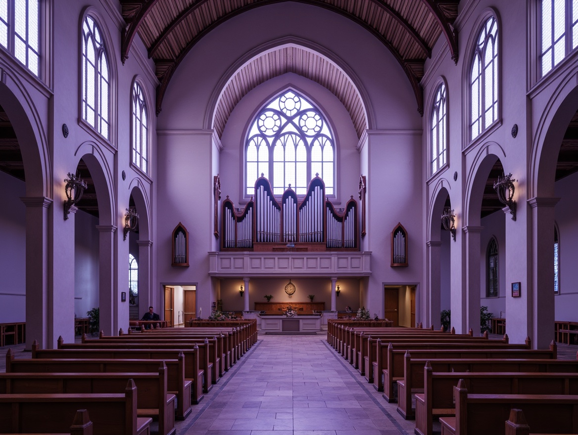 Prompt: Soothing periwinkle hues, calming atmosphere, elegant church architecture, ornate stained glass windows, vaulted ceilings, intricate stone carvings, majestic organ pipes, refined wooden pews, soft warm lighting, subtle shadows, 1/1 composition, intimate focal point, realistic textures, ambient occlusion, serene worship space, peaceful ambiance.