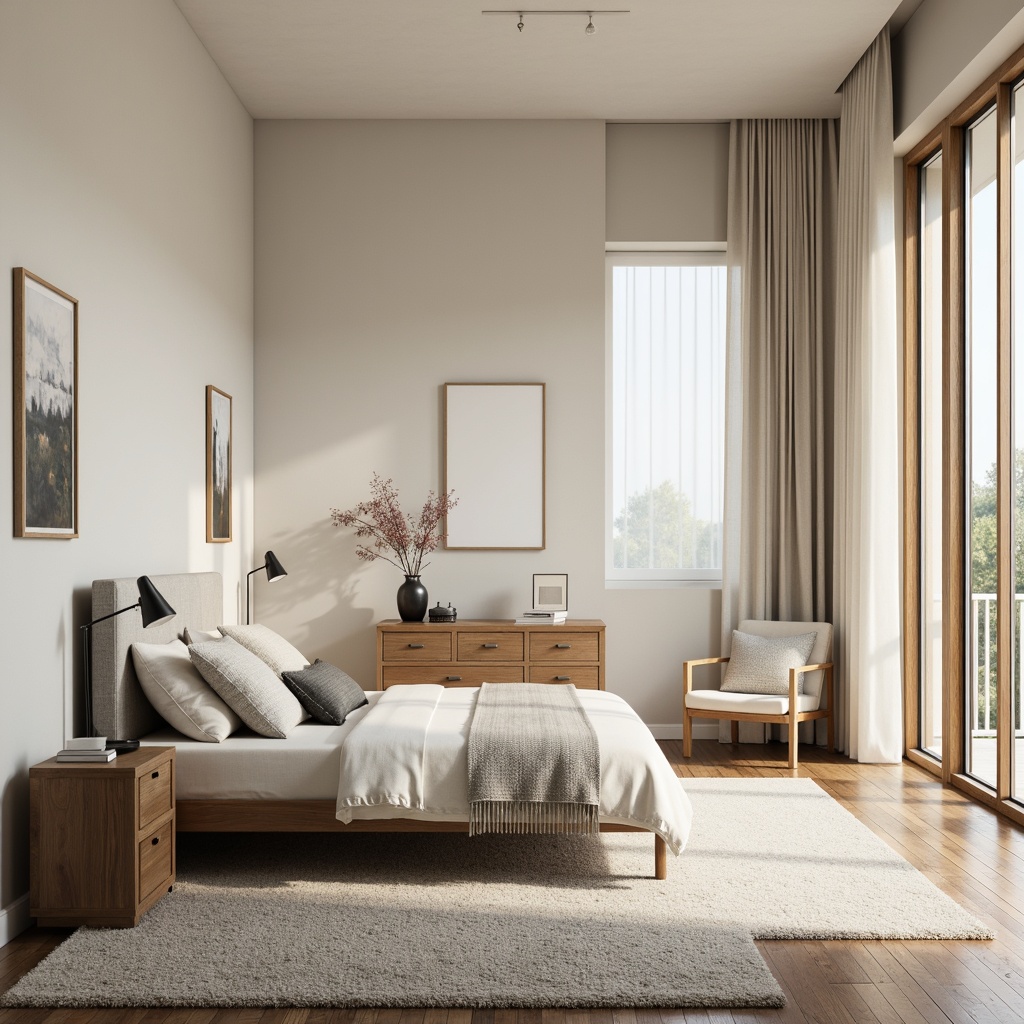 Prompt: Soft morning light, calming ambiance, serene bedroom, gentle color palette, soothing walls, creamy whites, warm beiges, pale blues, soft grays, rich wood tones, plush carpets, velvety fabrics, elegant furniture, minimalist decor, subtle patterns, delicate textures, cozy reading nook, floor-to-ceiling windows, sheer curtains, natural light filtering, calming atmosphere, relaxing retreat.