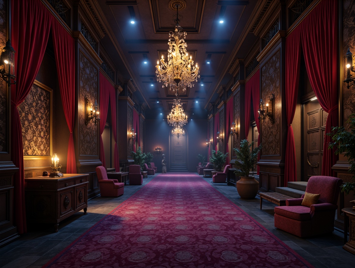 Prompt: Dark mysterious corridors, grand chandeliers, luxurious velvet drapes, rich wood paneling, ornate stone carvings, eerie candlelight, deep crimson reds, midnight blues, muted gold accents, mystical purple hues, lavish furnishings, intricate patterns, hauntingly beautiful architecture, dramatic high ceilings, opulent textures, mysterious ambiance, warm golden lighting, 1/2 composition, realistic renderings, cinematic mood.