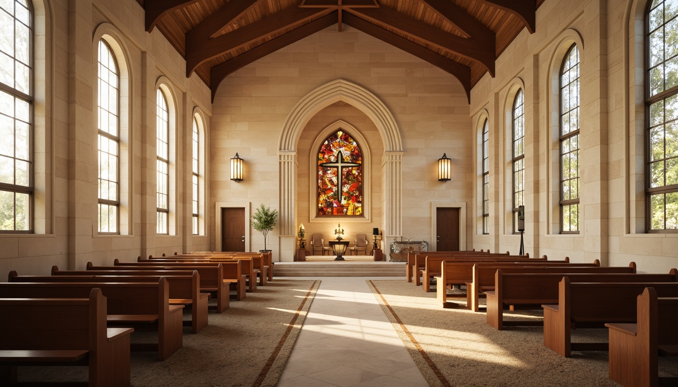 Prompt: Contemporary church interior, minimalistic decor, soft warm lighting, creamy stone walls, polished wooden pews, stained glass windows, intricate metalwork, natural fiber carpets, earthy tone color palette, abstract spiritual artwork, geometric patterns, ambient occlusion, shallow depth of field, 3/4 composition, realistic textures, warm color temperature, inviting atmosphere, sacred ambiance.