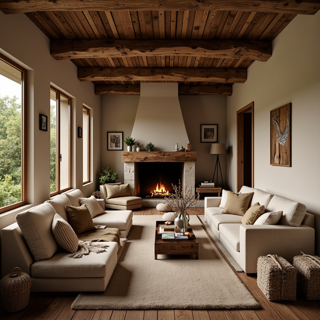 Prompt: Plush throw blankets, warm beige tones, soft velvet fabrics, natural linen textures, earthy color palette, candlelit ambiance, crackling fireplace, comfortable seating areas, oversized pillows, rustic wooden accents, woven baskets, dimmable lighting, cozy reading nooks, nature-inspired patterns, gentle color contrasts, inviting interior design.