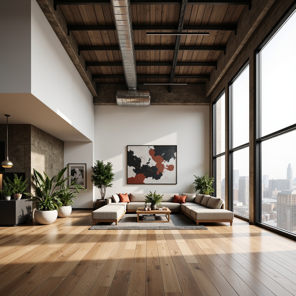 Prompt: Minimalist living room, open floor plan, high ceilings, large windows, natural light pouring in, sleek wooden floors, comfortable sectional sofa, abstract artwork, greenery accents, industrial metal beams, exposed ductwork, urban loft atmosphere, warm earthy tones, soft diffused lighting, shallow depth of field, 1/1 composition, panoramic view, realistic textures, ambient occlusion.