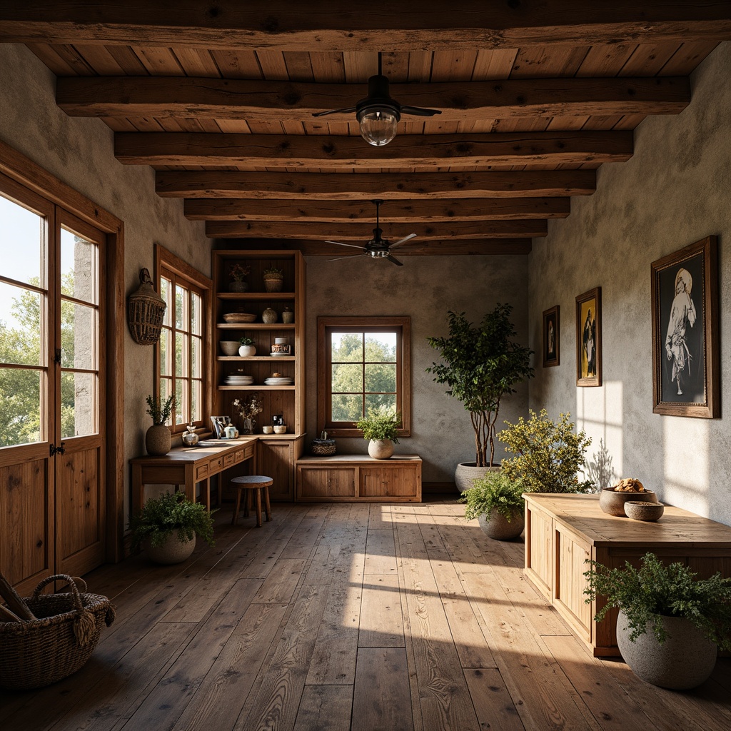 Prompt: Rustic farmhouse, wooden accents, distressed textures, earthy tones, natural materials, stone foundations, wooden beams, plank flooring, vintage farm tools, woven baskets, potted plants, soft warm lighting, cozy atmosphere, shallow depth of field, 1/1 composition, realistic wood grain, ambient occlusion.