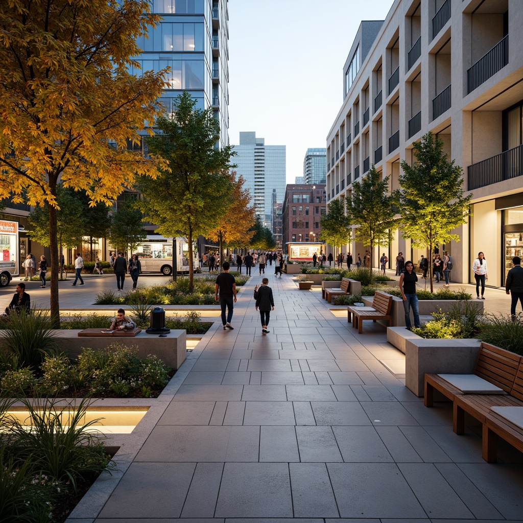 Prompt: Vibrant public plaza, urban greenery, pedestrian walkways, community benches, interactive art installations, dynamic water features, modern street furniture, eclectic food trucks, lively street performers, warm evening lighting, shallow depth of field, 3/4 composition, panoramic view, realistic textures, ambient occlusion.