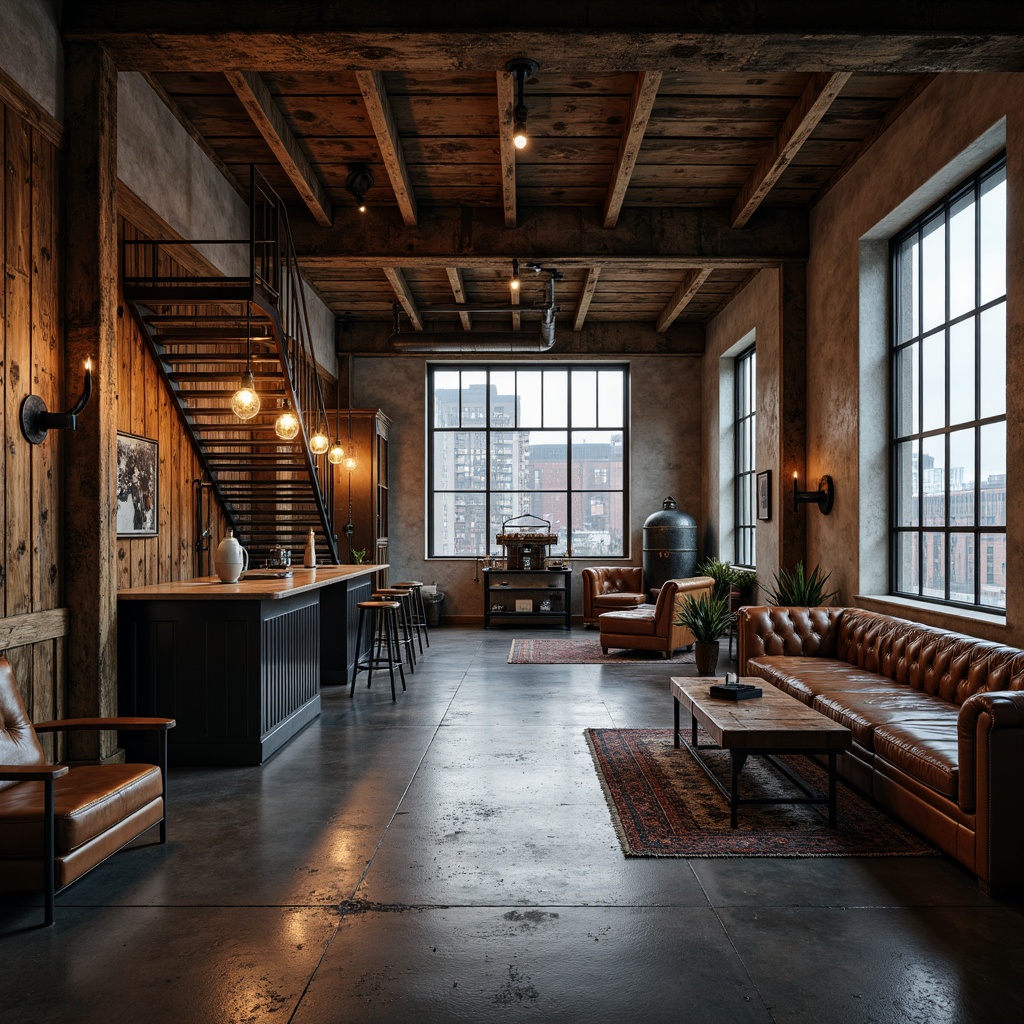 Prompt: Rustic industrial space, exposed steel beams, distressed wood accents, metal ductwork, concrete flooring, urban cityscape, reclaimed wooden walls, vintage machinery, Edison bulb lighting, moody atmospheric lighting, shallow depth of field, 1/1 composition, realistic textures, ambient occlusion, worn leather furniture, industrial-style decor, metal staircases, minimalist color palette, functional storage solutions.