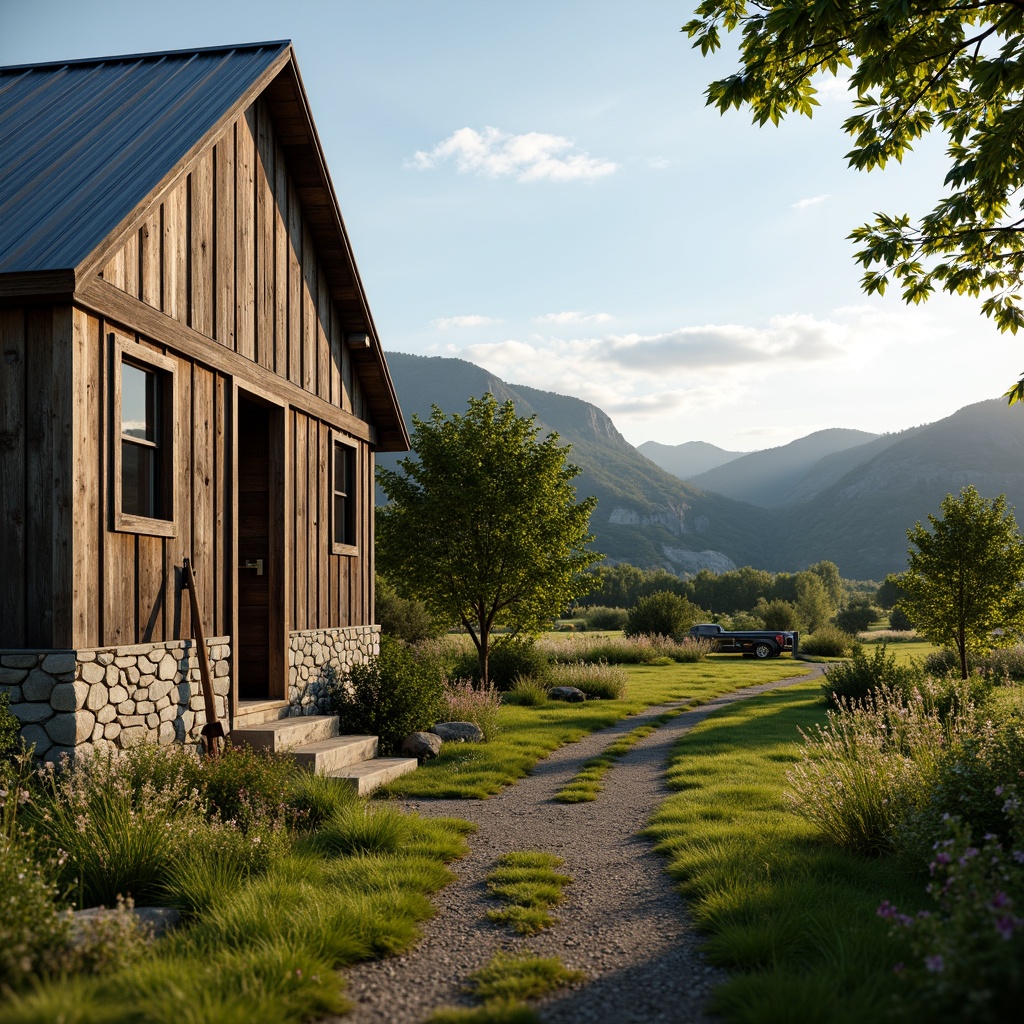 Prompt: Rustic farmhouse exterior, weathered wooden facade, stone foundation, metal roofing, vintage farm tools, lush greenery, wildflowers, meandering dirt path, serene countryside landscape, rolling hills, sunny afternoon, warm soft lighting, shallow depth of field, 3/4 composition, panoramic view, realistic textures, ambient occlusion.