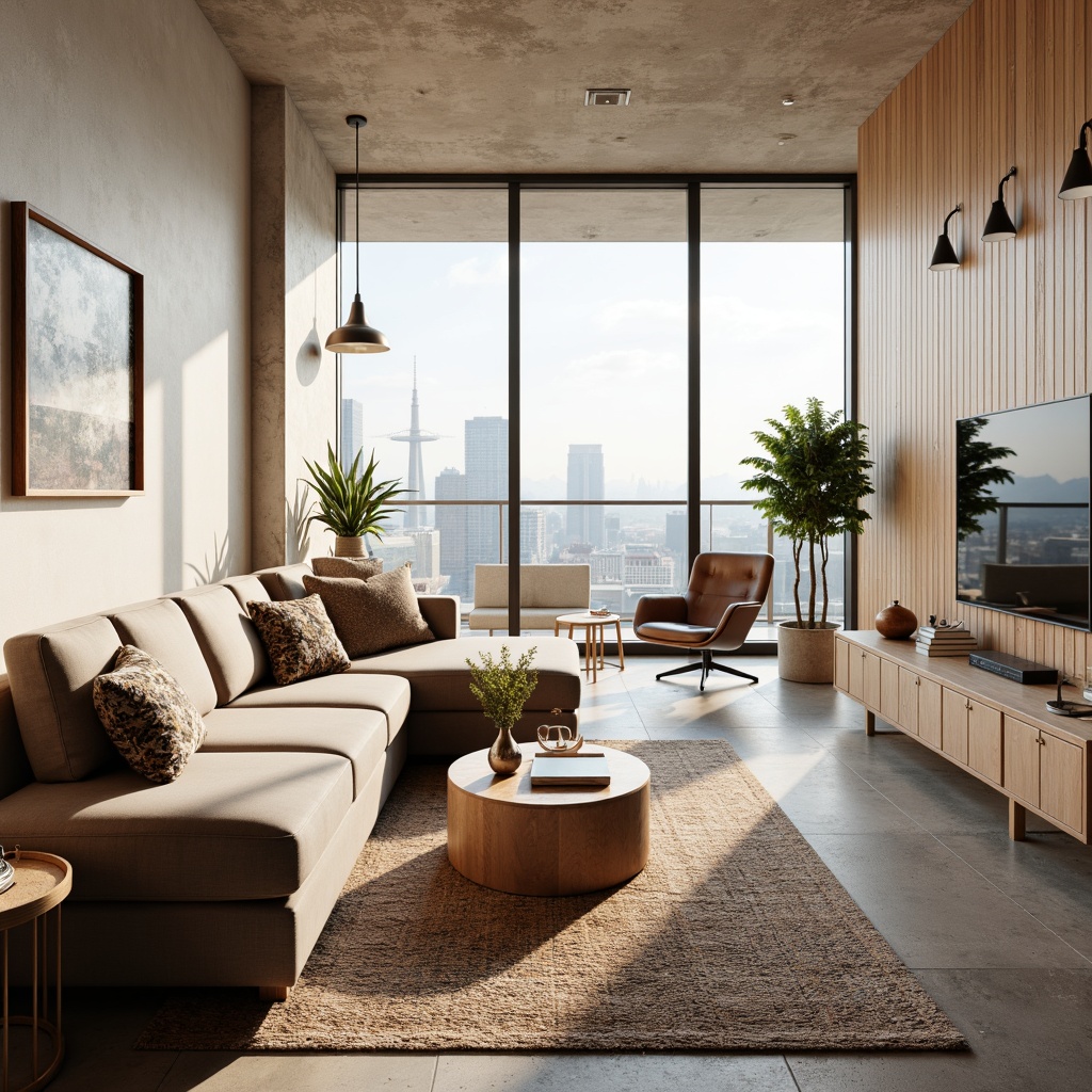 Prompt: Cozy Scandinavian living room, functional furniture, minimalist decor, natural wood accents, soft pastel colors, comfortable sectional sofas, ergonomic chairs, sleek coffee tables, industrial-chic lighting fixtures, woven textiles, geometric patterns, warm area rugs, floor-to-ceiling windows, breathtaking city views, morning sunlight, gentle shadows, shallow depth of field, 1/2 composition, realistic textures, ambient occlusion.