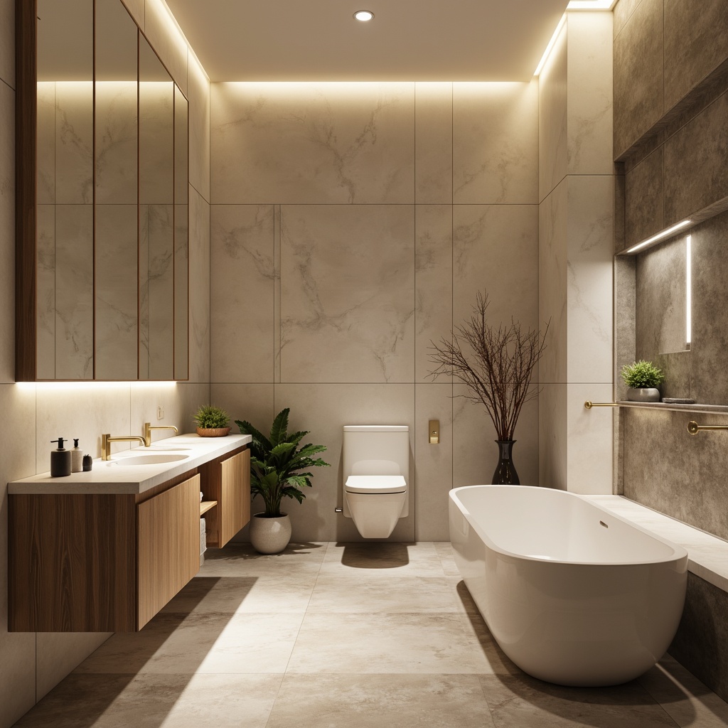 Prompt: Minimalist powder room, soft warm lighting, elegant marble countertops, sleek wall-mounted sink, modern faucet design, luxurious freestanding tub, floor-to-ceiling mirrors, subtle LED strip lighting, calming neutral color palette, natural stone flooring, minimalist decorative accents, refined cabinetry, ample storage space, sophisticated hardware finishes, spa-like ambiance, 1/1 composition, shallow depth of field, realistic textures.