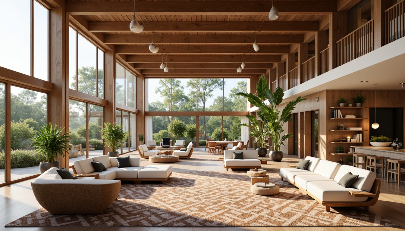 Prompt: Spacious open floor plan, natural wood accents, large windows, sliding glass doors, organic shaped furniture, earthy tone color palette, geometric patterned rugs, pendant lighting fixtures, built-in shelving units, minimalist decor, functional zones, flexible seating arrangements, lush greenery, tropical plants, statement walls, wooden ceiling beams, warm ambient lighting, 1/1 composition, soft focus blur, realistic textures, atmospheric perspective.