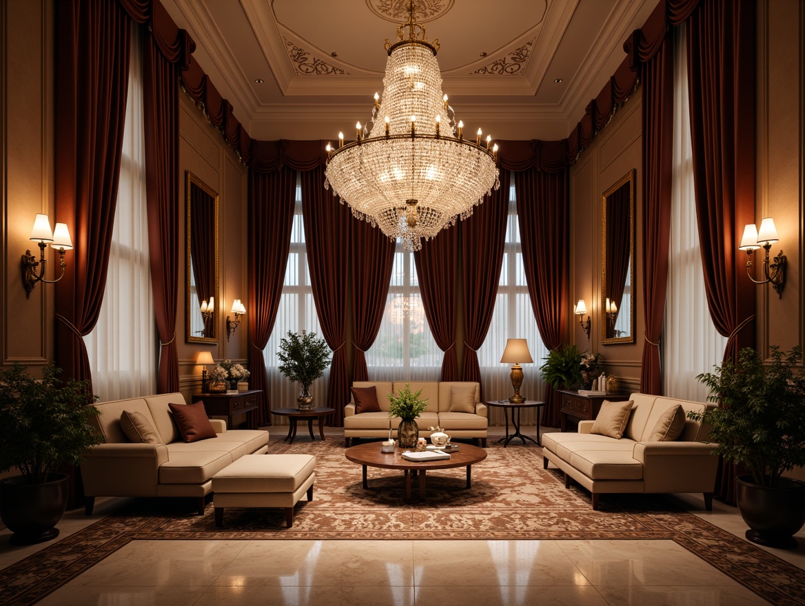 Prompt: Luxurious interior, crystal chandelier, polished marble floors, velvet drapes, lavish furnishings, ornate mirrors, subtle warm glow, soft ambient lighting, elegant sconces, refined pendant lights, sophisticated ceiling fixtures, opulent decor, lavish materials, rich textures, grand staircase, majestic archways, dramatic high ceilings, symmetrical composition, 1/2 format, cinematic lighting, realistic reflections.