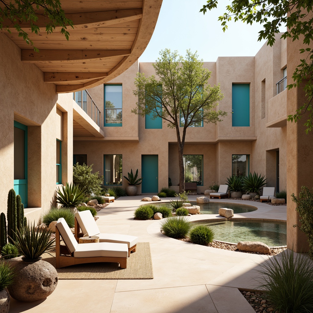 Prompt: Southwestern style hospital, earthy tones, adobe-inspired architecture, natural stone walls, wooden accents, vibrant turquoise accents, desert botanicals, cacti plants, succulents, warm sandy colors, large windows, soft natural light, organic shapes, curved lines, cozy patient rooms, calming atmosphere, nature-inspired artwork, woven textiles, earth-toned ceramics, reclaimed wood furniture, water features, serene courtyards, lush greenery, warm sunny day, shallow depth of field, 3/4 composition, realistic textures, ambient occlusion.