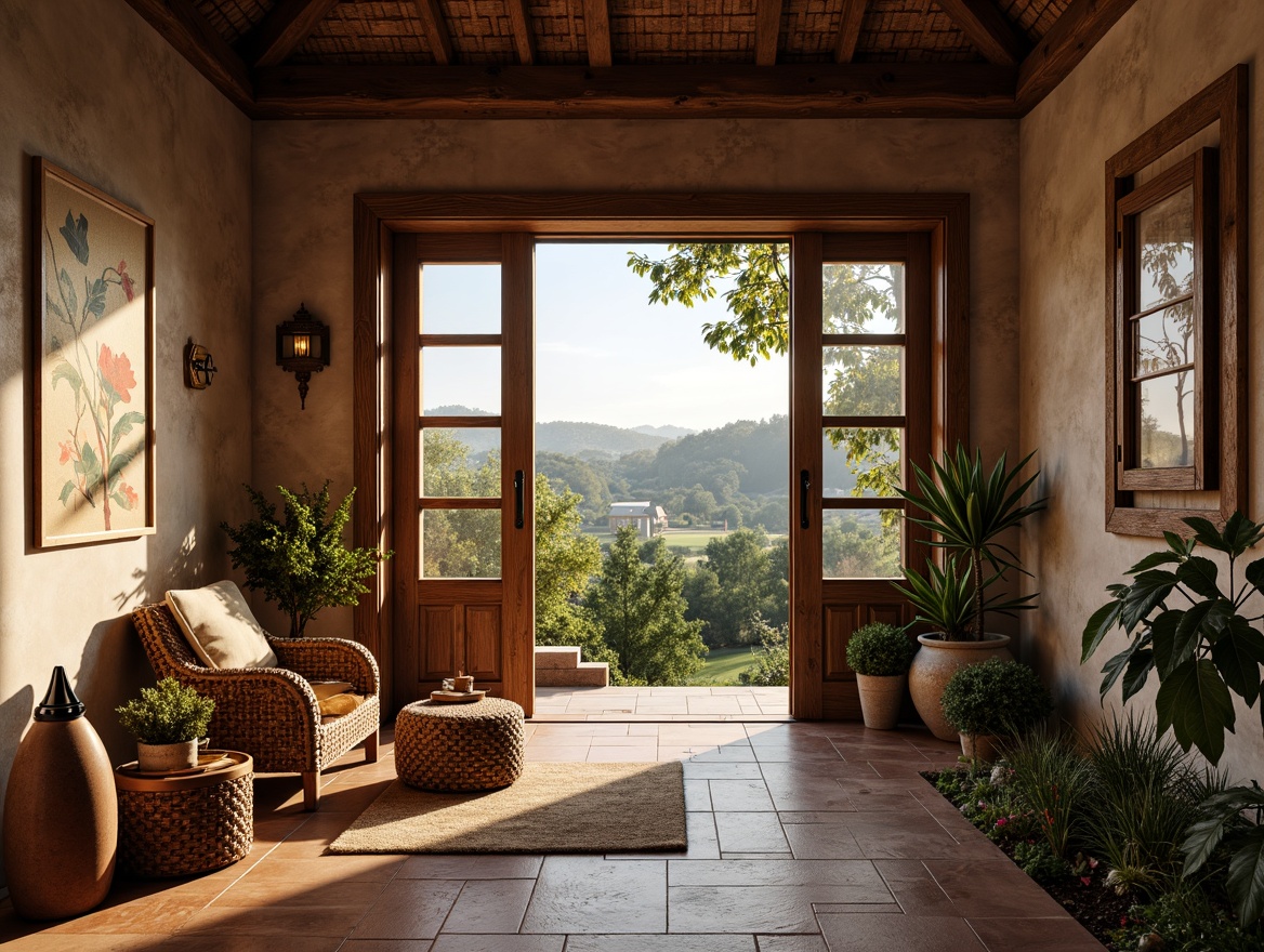 Prompt: Rustic wooden accents, earthy color palette, natural stone walls, traditional clay tiles, distressed finishes, ornate metalwork, intricate carvings, cozy intimate spaces, warm soft lighting, shallow depth of field, 1/1 composition, realistic textures, ambient occlusion, rural landscape, rolling hills, lush greenery, misty morning, warm sunlight, subtle shadows.