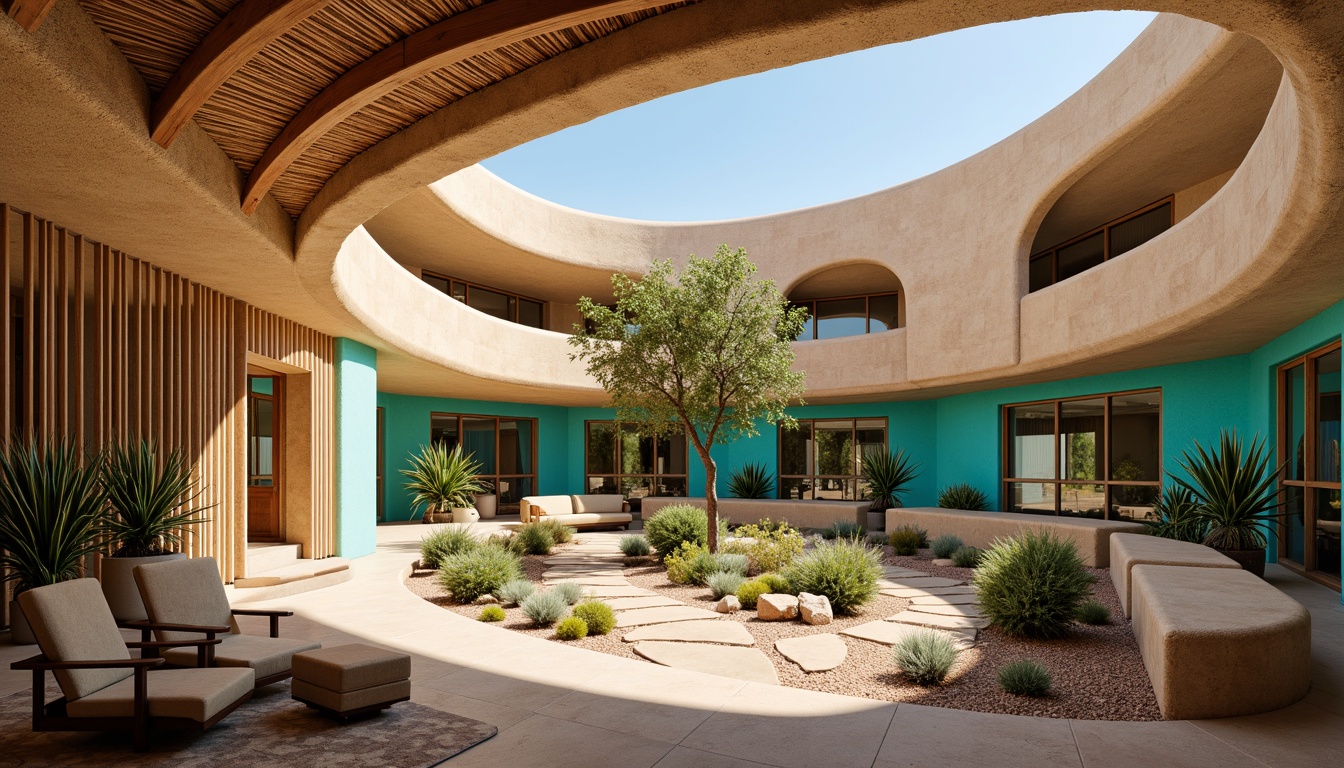 Prompt: Southwestern style hospital, curved adobe walls, earthy tones, natural stone accents, wooden beam ceilings, vibrant turquoise hues, desert botanicals, cacti, succulents, lush greenery, floor-to-ceiling windows, panoramic views, soft warm lighting, 3/4 composition, shallow depth of field, realistic textures, ambient occlusion, organic shapes, woven textiles, geometric patterns, natural fabrics, reclaimed wood furniture, water feature, peaceful courtyard, serene atmosphere.