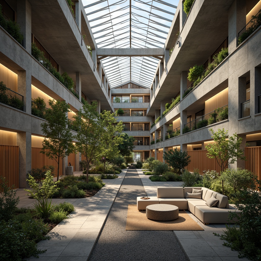 Prompt: Raw concrete walls, industrial metal beams, minimalist decor, abundant natural light, clerestory windows, skylights, open floor plans, airy atriums, green roofs, lush interior gardens, reclaimed wood accents, earthy color palette, organic textures, dramatic shadows, high contrast lighting, warm ambient glow, 1/1 composition, symmetrical framing, soft focus blur, realistic material rendering.