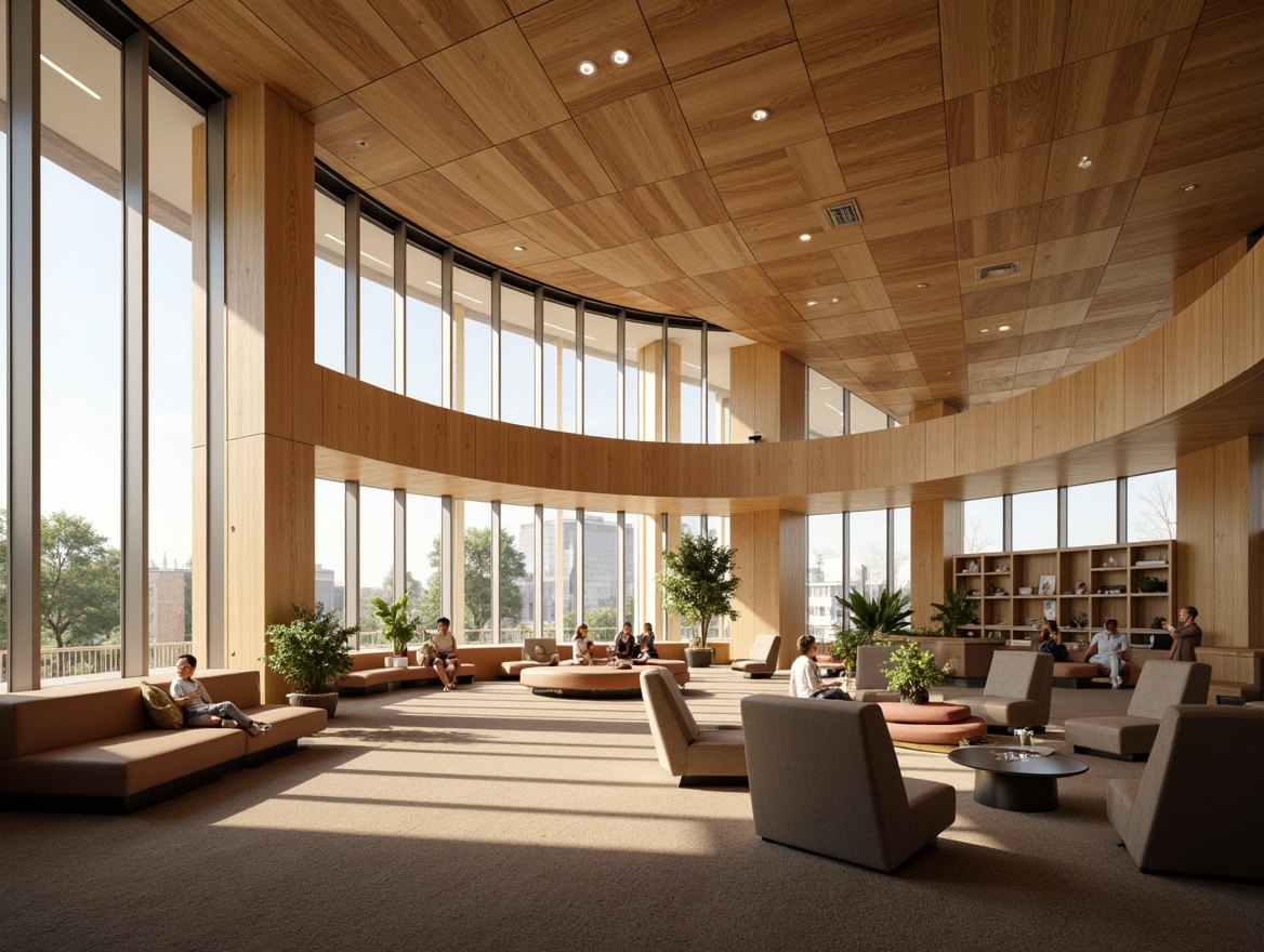 Prompt: Cozy lecture hall, sound-absorbing panels, curved lines, wooden accents, comfortable seating, natural light pouring in, floor-to-ceiling windows, minimalist decor, warm beige tones, soft carpeting, ambient noise reduction, acoustic ceiling tiles, geometric patterns, warm lighting, 3/4 composition, shallow depth of field, panoramic view.