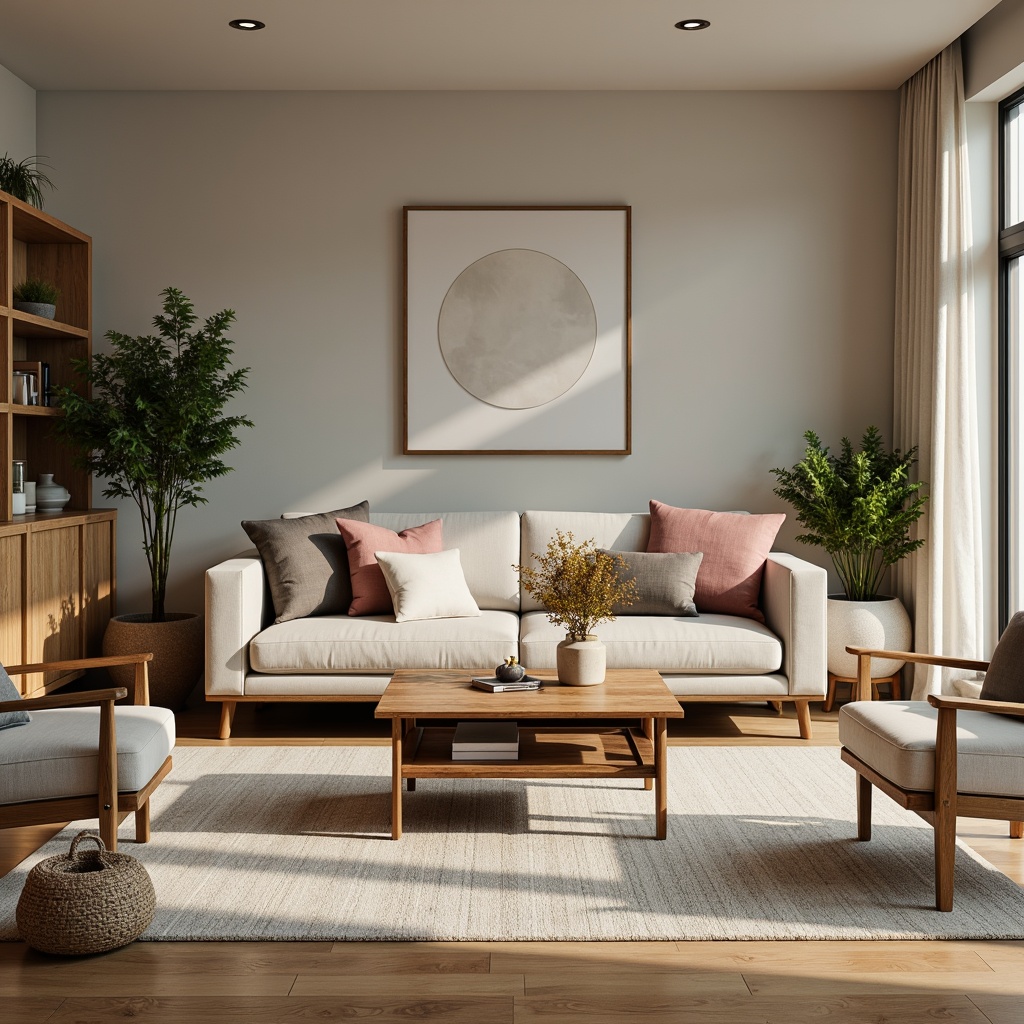 Prompt: Cozy living room, plush sofa, ergonomic armchairs, reclaimed wood coffee table, soft pastel colors, warm ambient lighting, functional storage units, minimalist decor, natural textiles, comfortable pillows, modern metal legs, sturdy wooden frames, spacious floor plan, relaxed atmosphere, afternoon sunlight, subtle shadows, shallow depth of field, 1/1 composition.