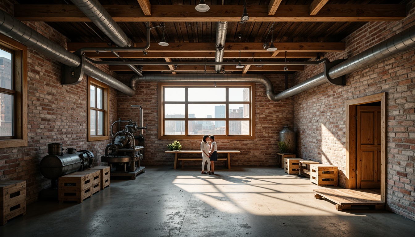 Prompt: Rustic industrial interior, exposed metal beams, distressed wood accents, concrete floors, brick walls, vintage machinery, reclaimed wooden crates, metal pipes, industrial lighting fixtures, minimalist decor, urban loft atmosphere, high ceiling, open space, natural light pouring in, warm afternoon glow, soft focus, 1/1 composition, cinematic mood, detailed textures, ambient occlusion.