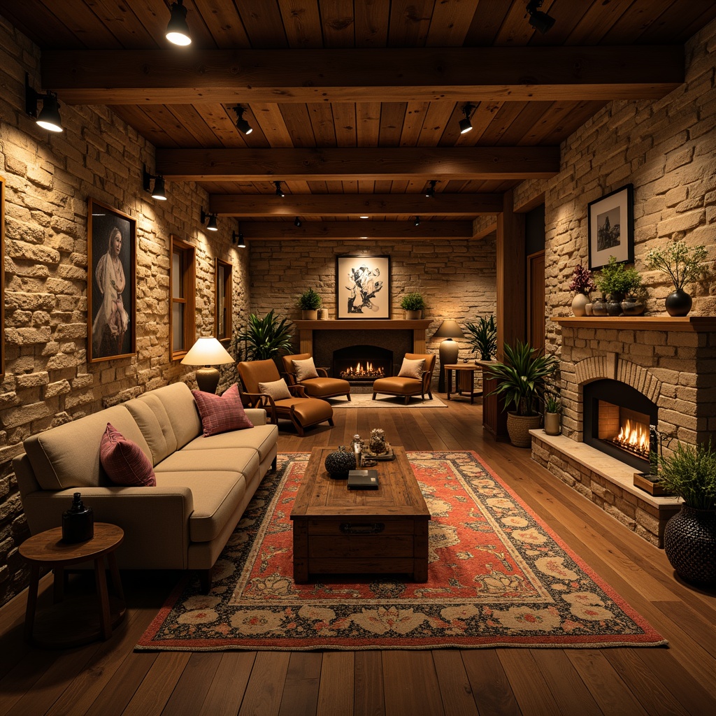 Prompt: Cozy basement, warm earthy tones, rich wood accents, comfortable seating areas, soft plush carpets, calming natural stone walls, exposed brick textures, warm golden lighting, inviting fireplaces, intimate atmosphere, rustic metal decor, vintage industrial elements, distressed wooden furniture, earthy scent, warm beige colors, deep brown shades, soothing blue hues, 1/1 composition, moody dramatic lighting, cinematic ambiance.