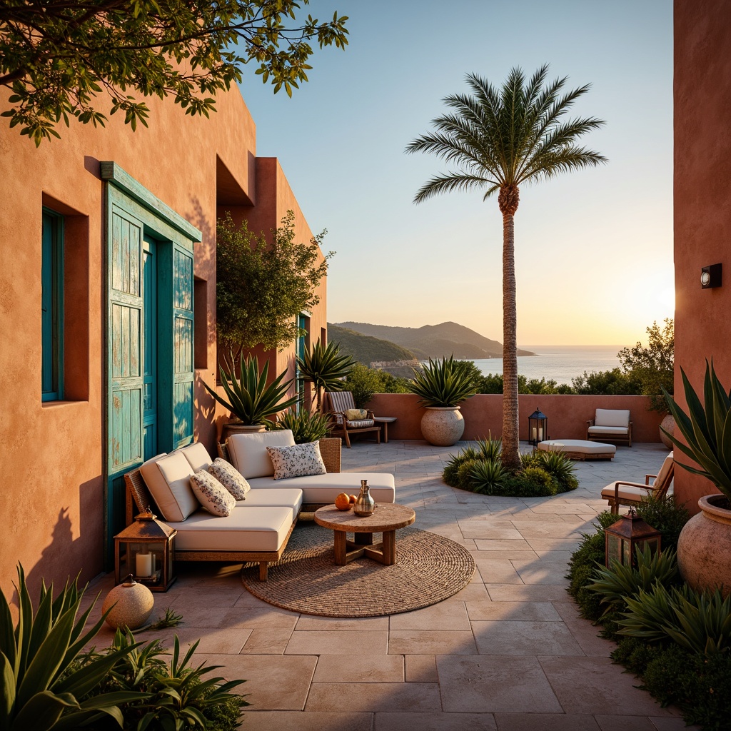 Prompt: Warm terracotta hues, soft turquoise accents, creamy whites, weathered wood tones, lush greenery, vibrant citrus fruits, sun-kissed stucco walls, ornate ceramic tiles, distressed metal lanterns, natural fiber textiles, woven wicker furniture, rustic stone pathways, tranquil ocean views, clear blue skies, dramatic sunsets, warm golden lighting, shallow depth of field, 1/1 composition, atmospheric perspective, realistic textures, ambient occlusion.