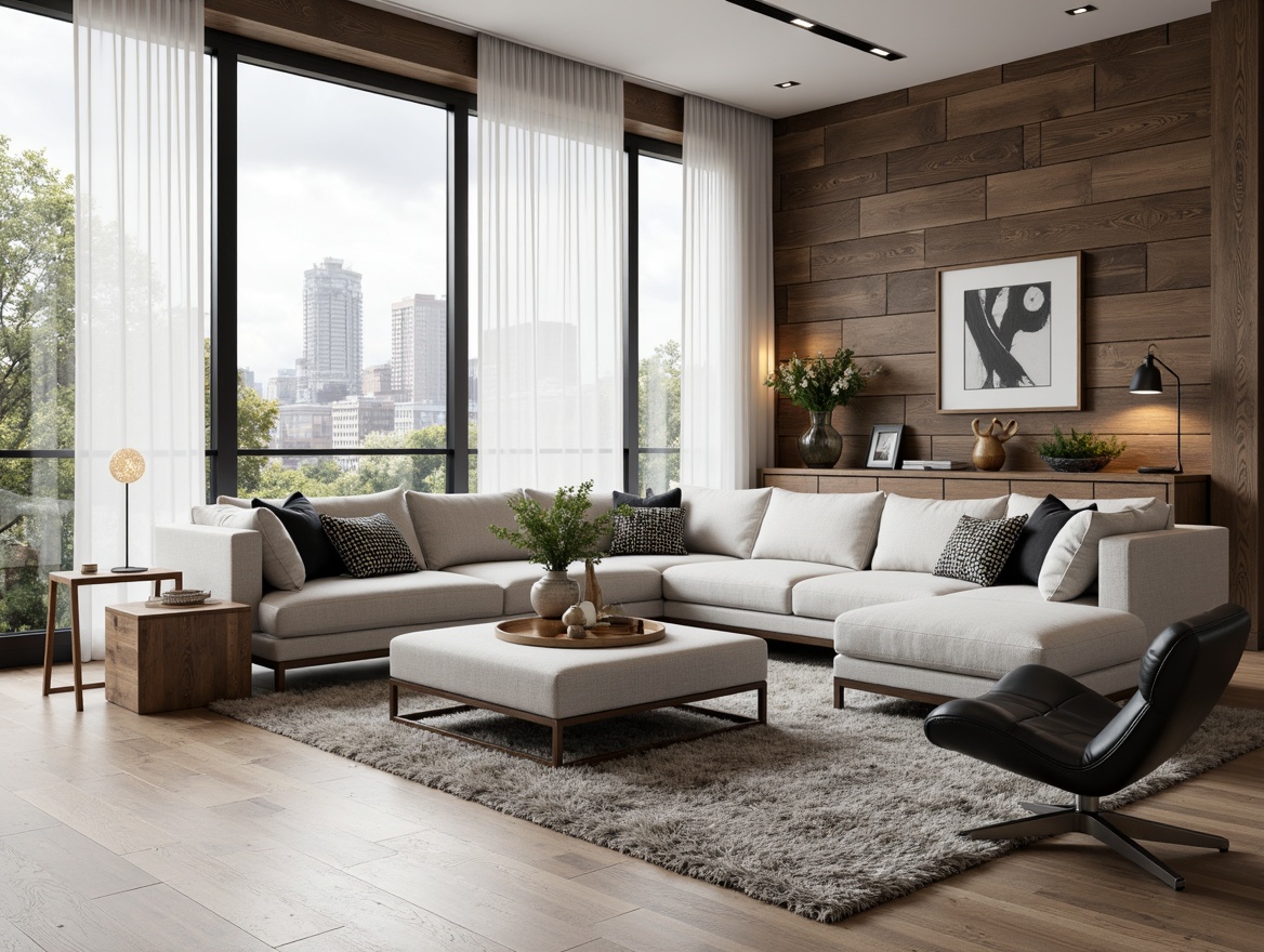 Prompt: Modern living room, sleek sectional sofa, tufted ottoman, minimalist coffee table, industrial metal legs, reclaimed wood accent wall, floor-to-ceiling windows, natural light pouring in, plush area rug, geometric patterned throw pillows, monochromatic color scheme, functional storage units, ergonomic chair design, task lighting fixtures, cozy reading nook, textured linen upholstery, Scandinavian-inspired aesthetic, warm neutral tones, inviting atmosphere.