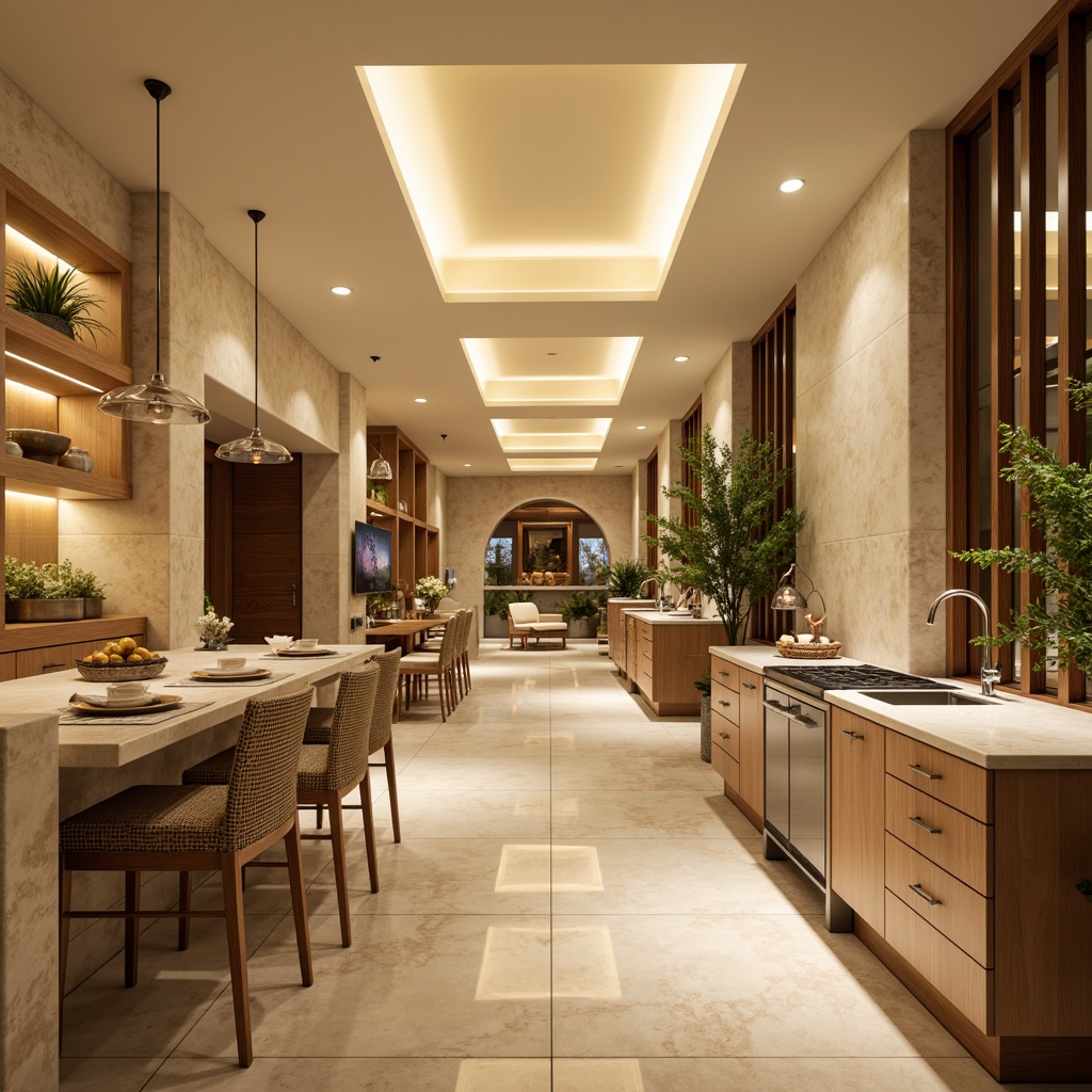 Prompt: Warm Mediterranean ambiance, soft golden lighting, LED strip lights, recessed ceiling fixtures, pendant lamps, glass shades, chrome accents, marble countertops, creamy white tiles, ocean-inspired color palette, natural stone flooring, wooden cabinets, ambient indirect lighting, 1/2 composition, shallow depth of field, warm beige tones, subtle shadows, gentle highlights.