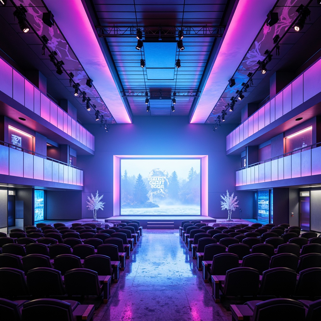 Prompt: Futuristic auditorium, neon-lit stage, iridescent walls, metallic accents, holographic projections, LED lights, gradient blues, electric purples, cyberpunk ambiance, sleek lines, minimalist seating, avant-garde architecture, immersive experience, 360-degree views, virtual reality integration, atmospheric fog effects, dramatic spotlights, cinematic sound design, high-tech audio equipment, retro-futuristic decor, neon-lit catwalks, holographic displays.