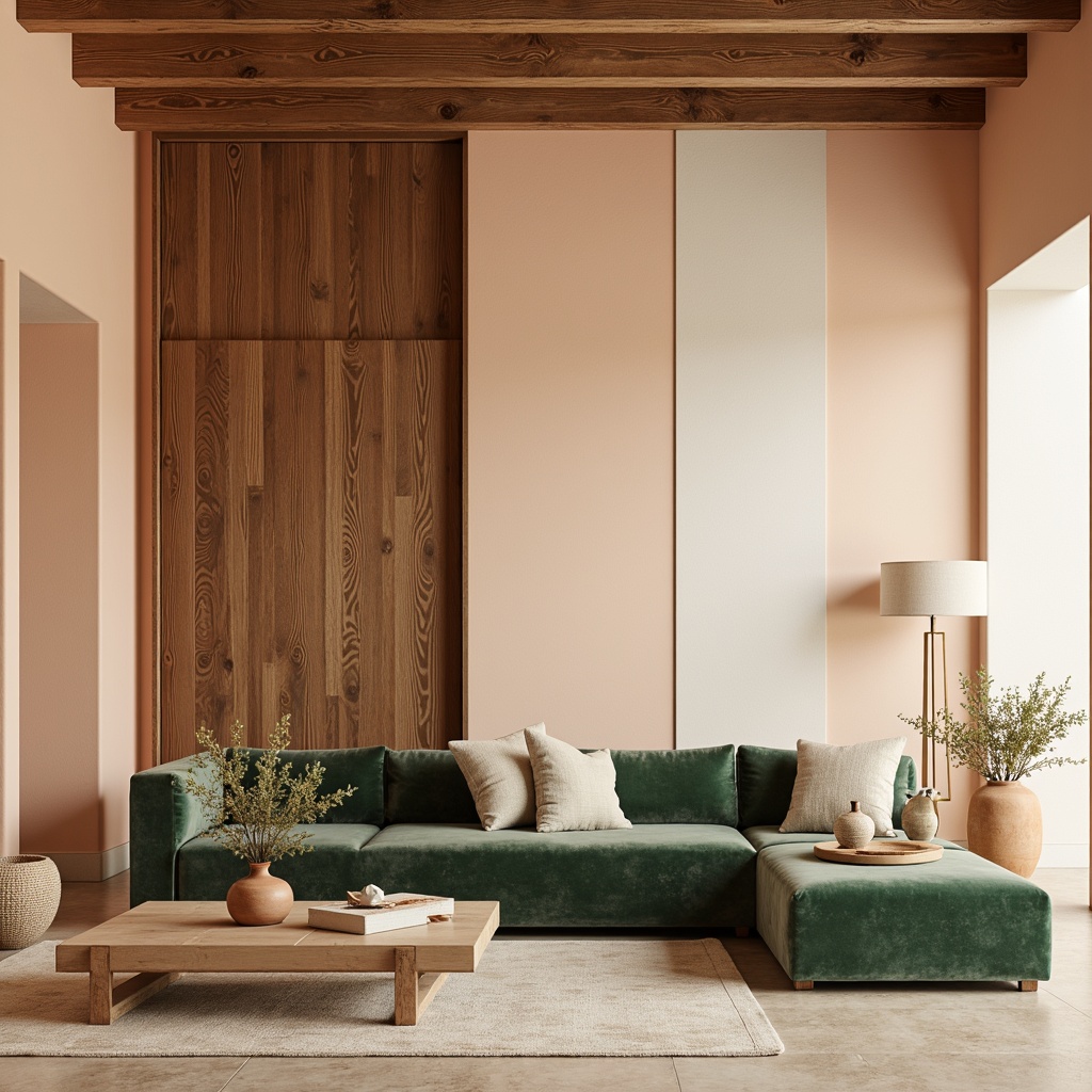 Prompt: Soft peach walls, creamy white accents, rich walnut wood tones, velvety emerald green upholstery, gentle golden lighting, subtle bronze metallic details, natural linen fabrics, earthy terracotta pots, serene watercolor-inspired patterns, delicate floral motifs, warm beige stone flooring, airy open spaces, minimalist decor, soft focus, shallow depth of field, 1/1 composition.