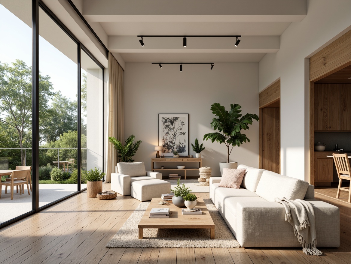 Prompt: Minimalist open-plan living area, light-filled interior, wooden accents, natural textiles, soft pastel colors, Nordic-inspired furniture, cozy reading nooks, floor-to-ceiling windows, sliding glass doors, lush greenery, potted plants, rustic wood flooring, industrial-chic lighting fixtures, airy atmosphere, abundant natural light, shallow depth of field, 1/1 composition, warm and inviting ambiance, realistic textures, ambient occlusion.