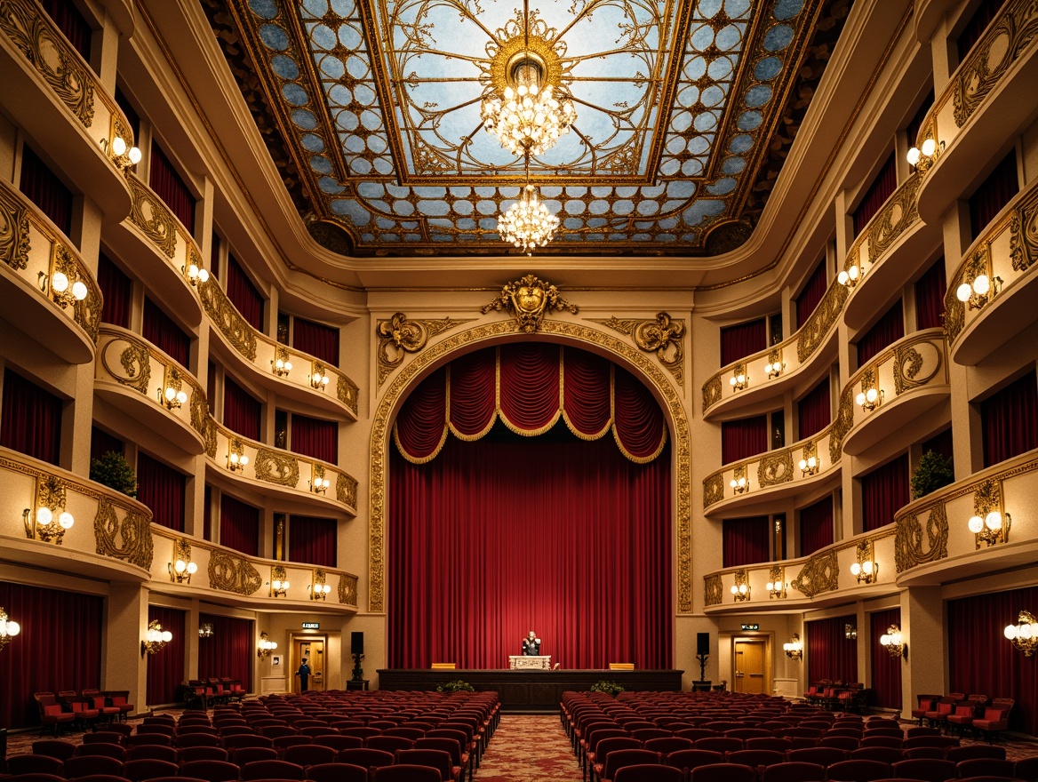 Prompt: Grand opera house, ornate golden accents, flowing organic curves, intricate stonework, stained glass ceiling, lavish red velvet curtains, gilded balconies, sweeping staircases, ornamental ironwork, subtle Art Nouveau patterns, richly textured fabrics, dramatic chandelier lighting, warm atmospheric colors, shallow depth of field, 1/1 composition, symmetrical framing, highly detailed textures, ambient occlusion.