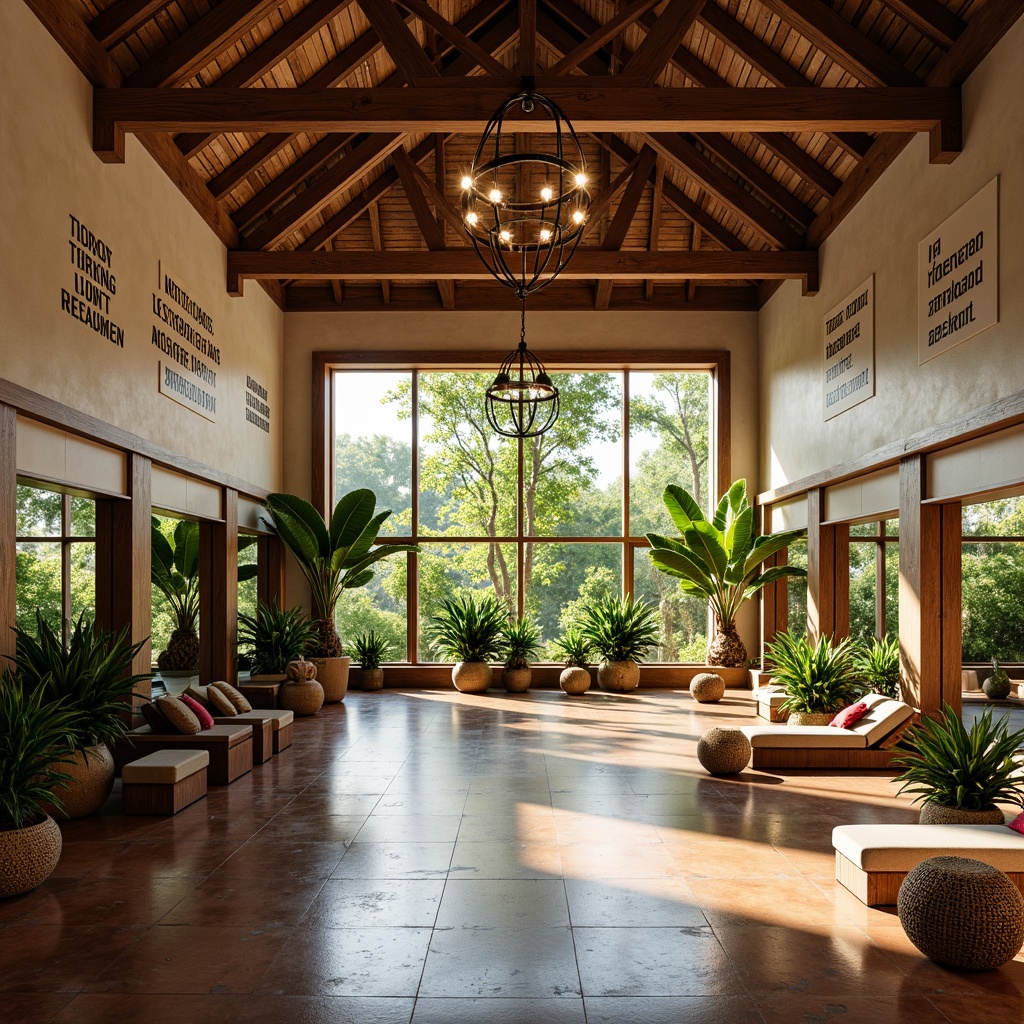 Prompt: Tropical gymnasium interior, warm natural lighting, high ceiling with wooden beams, large windows with lush greenery views, bright artificial lighting with metal fixtures, vibrant color scheme, rustic wood accents, woven rattan furniture, natural stone flooring, tropical plant arrangements, motivational quotes on walls, modern fitness equipment, floor-to-ceiling mirrors, softbox lighting, 1/2 composition, shallow depth of field, warm color temperature, subtle gradient effects.