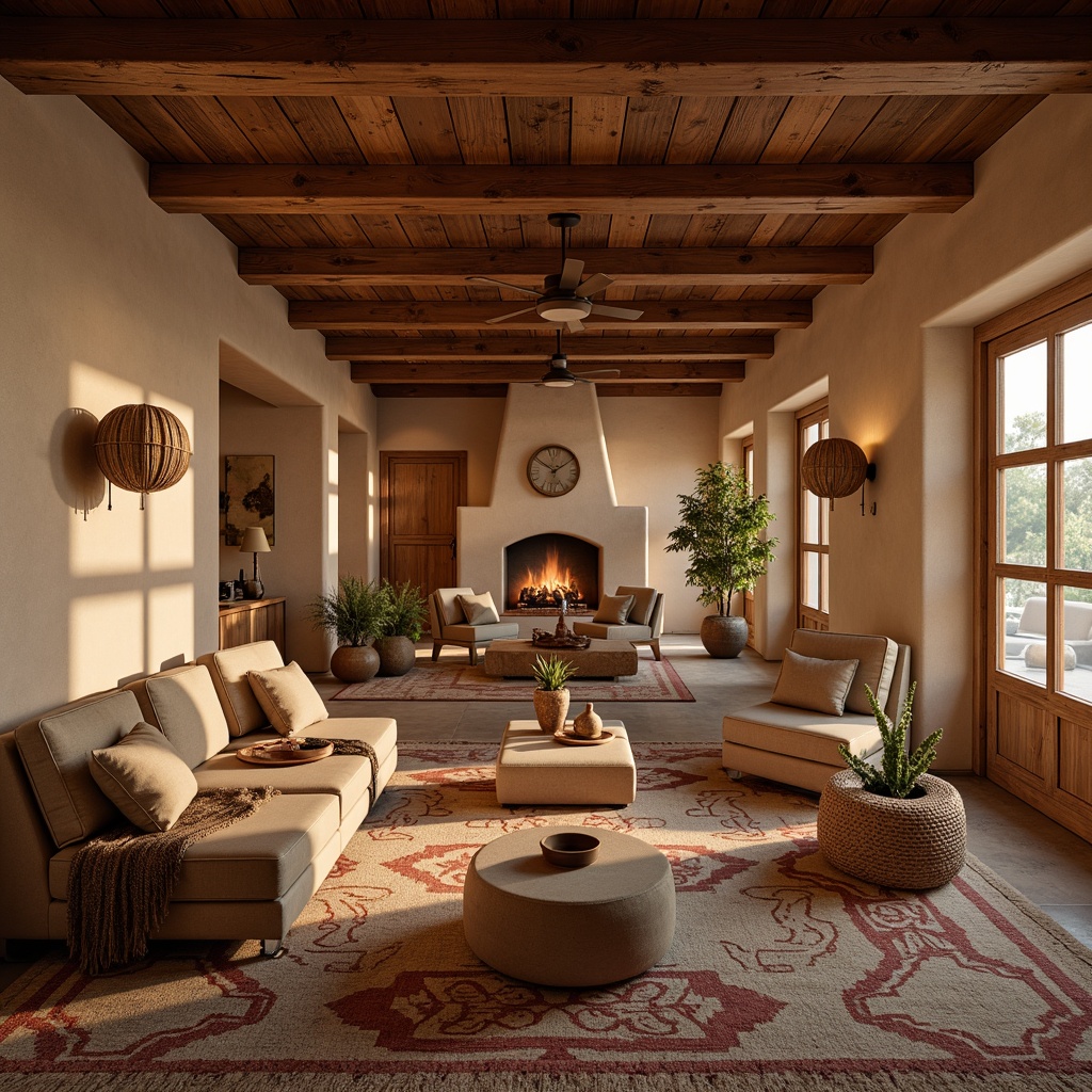 Prompt: Southwestern interior, rustic wood accents, earthy color palette, woven textiles, natural fiber rugs, traditional Native American patterns, soft warm lighting, ambient acoustic atmosphere, sound-absorbing materials, minimal echo, intimate seating areas, wooden ceiling beams, adobe-style walls, vintage decorative items, earth-toned ceramics, warm beige tones, cozy fireplaces, gentle background music, soft instrumental melodies, calming ambiance.