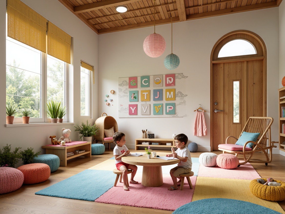 Prompt: Vibrant kindergarten interior, colorful woven fabrics, soft plush toys, natural wood accents, rounded shapes, whimsical illustrations, educational charts, playful alphabet letters, cozy reading nooks, circular tables, tiny chairs, pastel color palette, warm lighting, shallow depth of field, 1/1 composition, intimate atmosphere, tactile textures, ambient occlusion.