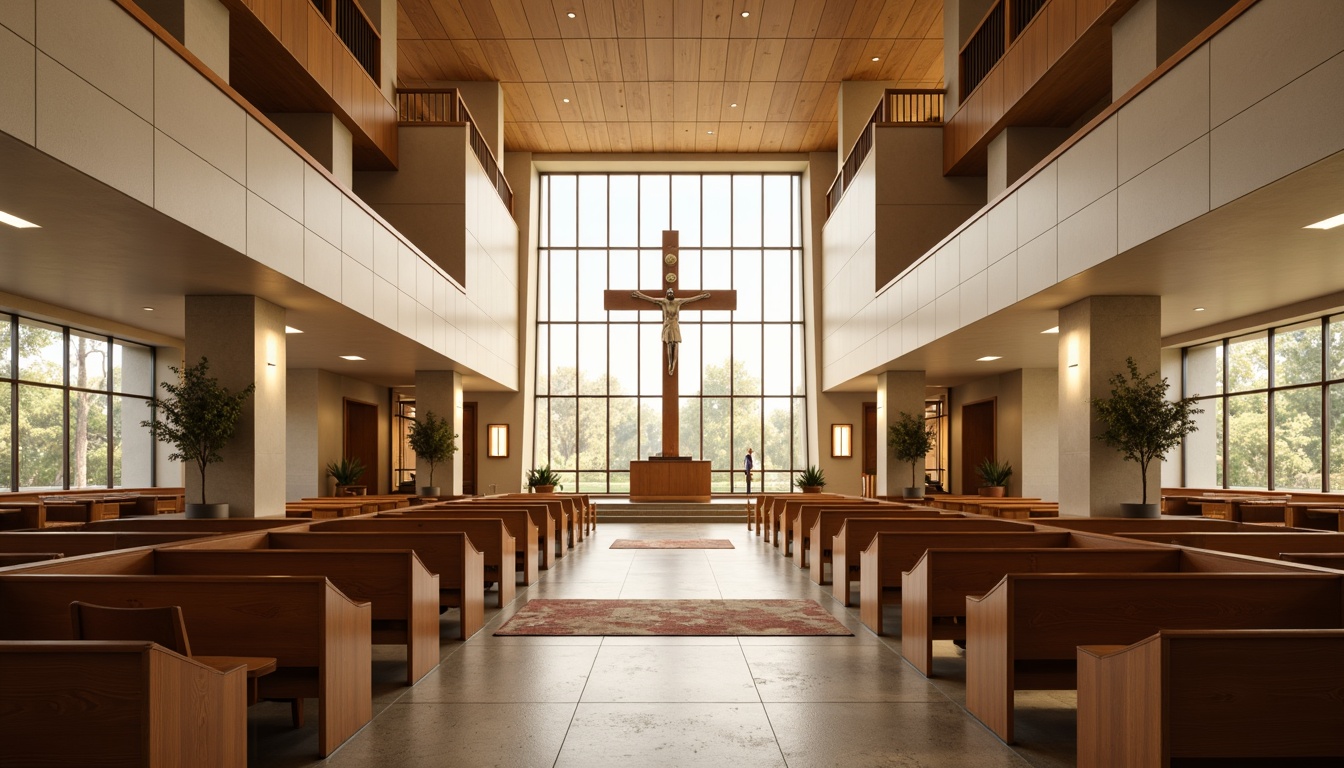 Prompt: Minimalist church interior, sleek wooden pews, modern stained glass windows, abstract crucifix designs, polished concrete floors, ambient soft lighting, subtle scent of wood and incense, airy high ceilings, sparse decorative elements, geometric patterns on rugs, contemporary lecterns, simplified altar designs, innovative seating arrangements, cantilevered balconies, natural stone accents, warm beige tones, 1/2 composition, shallow depth of field, warm golden hour lighting.