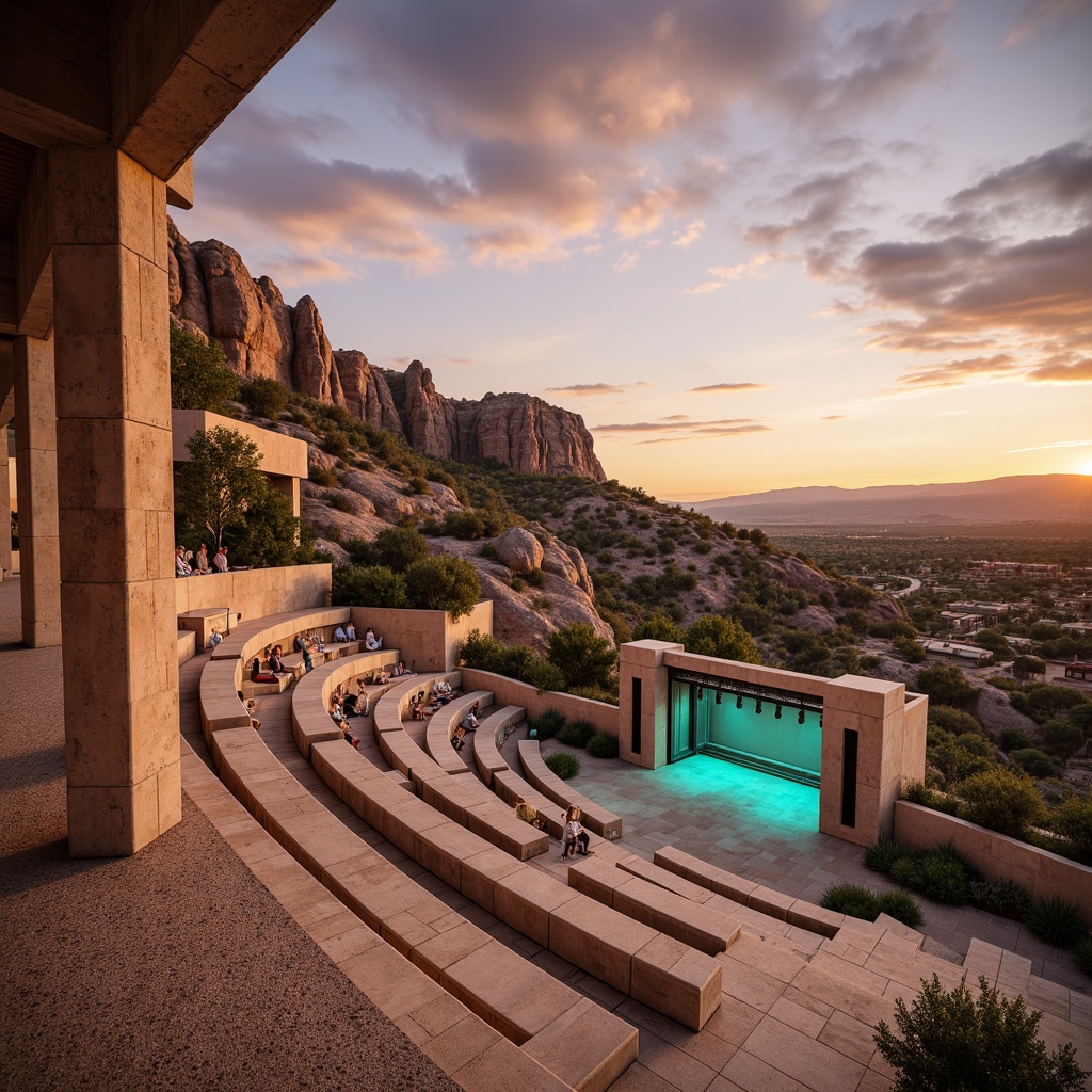 Prompt: Southwestern amphitheater, natural stone seating, curved lines, warm beige tones, rustic wooden accents, vibrant turquoise highlights, tiered levels, open-air design, breathtaking desert views, dramatic sunsets, soft warm lighting, 1/1 composition, shallow depth of field, realistic textures, ambient occlusion, optimal sound resonance, acoustic panels, suspended speakers, state-of-the-art audio technology, minimalist stage design, subtle LED lighting, comfortable audience seating.