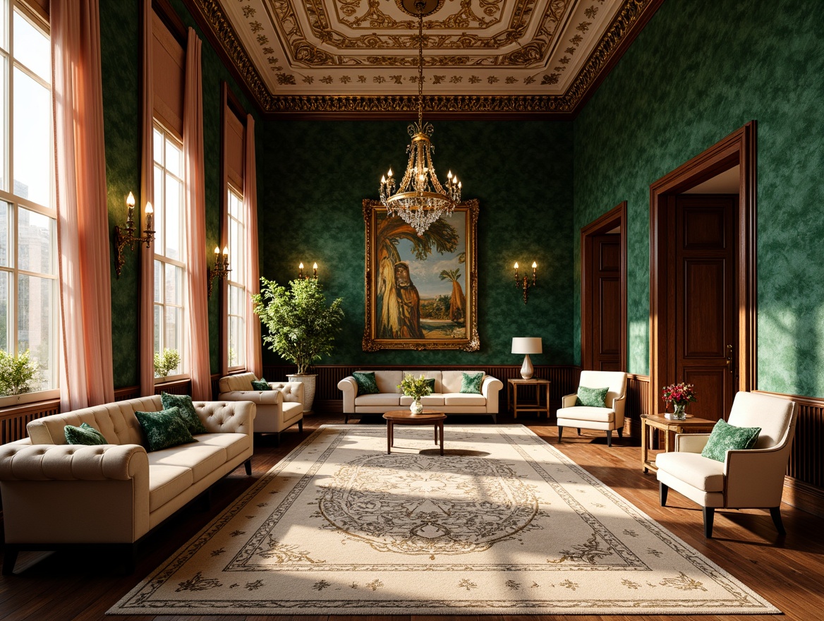 Prompt: Richly ornamented interior space, luxurious velvet fabrics, jewel-toned emerald greens, warm golden yellows, soft blush pinks, creamy whites, dark wood accents, ornate metal fixtures, lavish chandeliers, plush area rugs, tufted upholstery, grandiose ceiling details, dramatic drapery, sun-drenched afternoon light, soft warm glow, shallow depth of field, 1/1 composition, realistic textures, ambient occlusion.