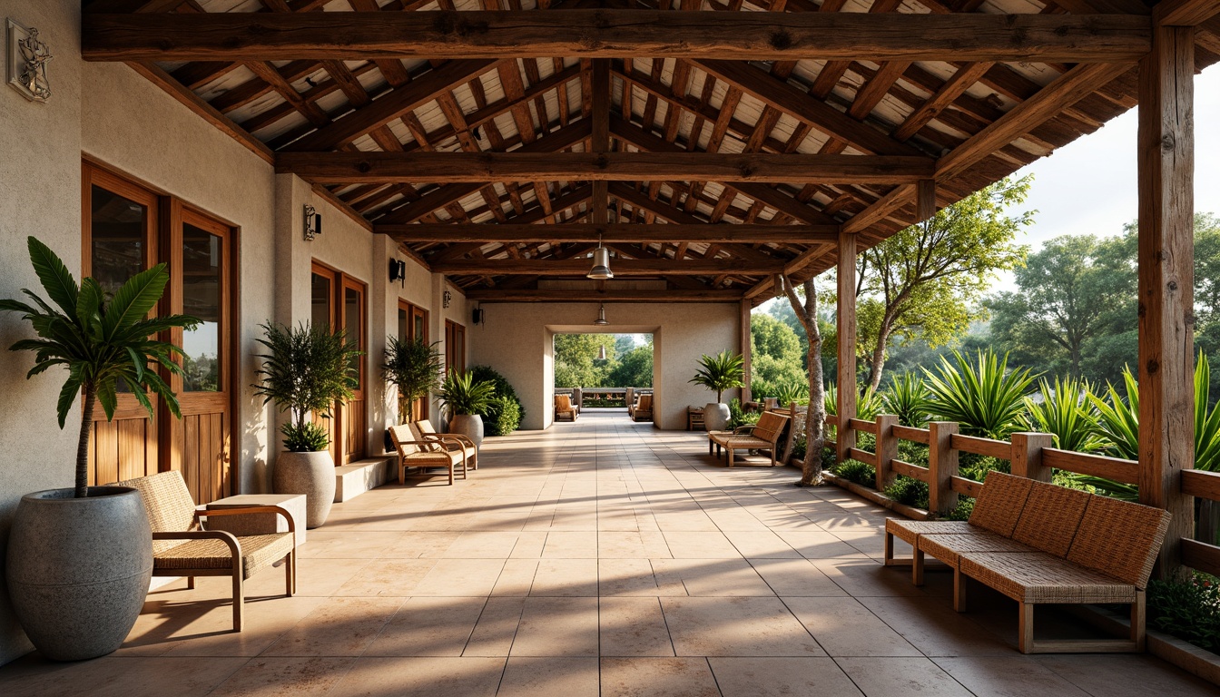 Prompt: Rustic bus station, earthy tones, natural materials, wooden beams, stone walls, clay tiles, exposed brickwork, steel frames, corrugated metal roofs, wooden benches, woven rattan furniture, lush greenery, tropical plants, warm sunny day, soft diffused lighting, shallow depth of field, 1/1 composition, realistic textures, ambient occlusion.