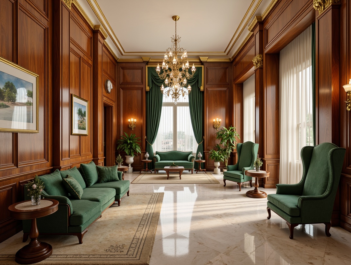 Prompt: \Elegant neoclassical interior, rich walnut wood paneling, ornate gold moldings, soft cream walls, velvety emerald green upholstery, subtle beige marble flooring, crystal chandeliers, intricately carved wooden furniture, delicate lace curtains, warm golden lighting, shallow depth of field, 1/1 composition, realistic textures, ambient occlusion.\