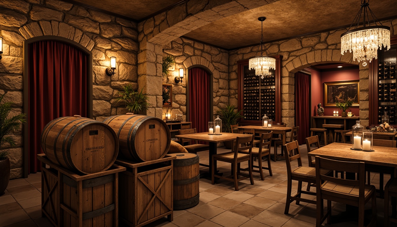 Prompt: Rustic wine cellar, distressed wooden crates, vintage wine barrels, soft warm candlelight, crystal chandeliers, ornate metal lanterns, warm golden lighting, dimmable LED strips, rustic stone walls, reclaimed wood shelves, elegant archways, luxurious velvet drapes, rich mahogany accents, antique furniture pieces, ornate metalwork, distressed finishes, earthy color palette, cozy intimate atmosphere, shallow depth of field, 1/1 composition, realistic textures, ambient occlusion.