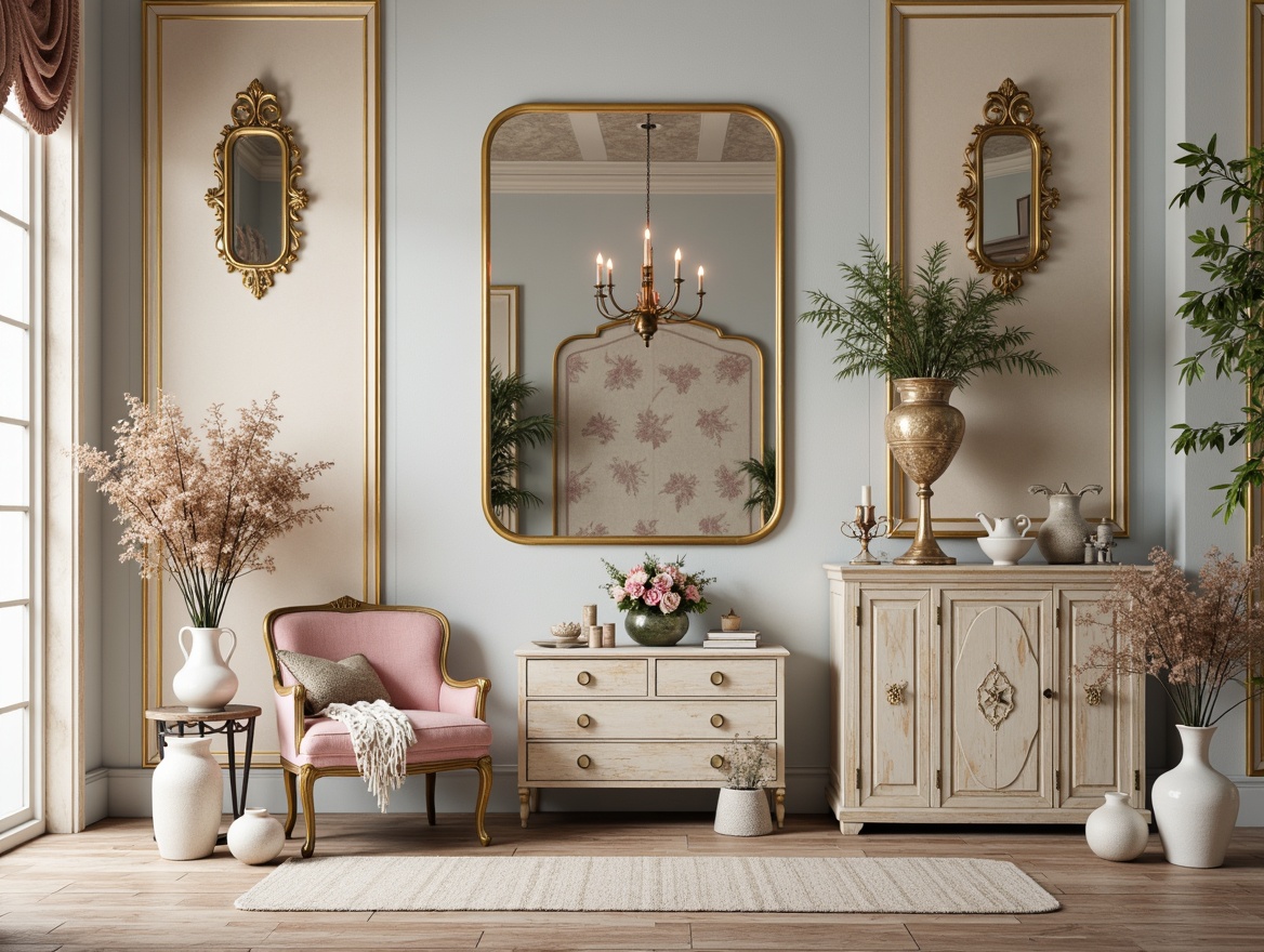 Prompt: Soft pastel hues, distressed finishes, vintage ornaments, floral patterns, lace details, rustic wood accents, worn velvet fabrics, muted gold leafing, creamy whites, pale blues, mauve tones, blush pinks, warm beige backgrounds, natural linen textures, delicate porcelain vases, antique furniture pieces, ornate mirrors, subtle sheen effects, warm candlelight ambiance, shallow depth of field, 1/1 composition, realistic reflections, ambient occlusion.