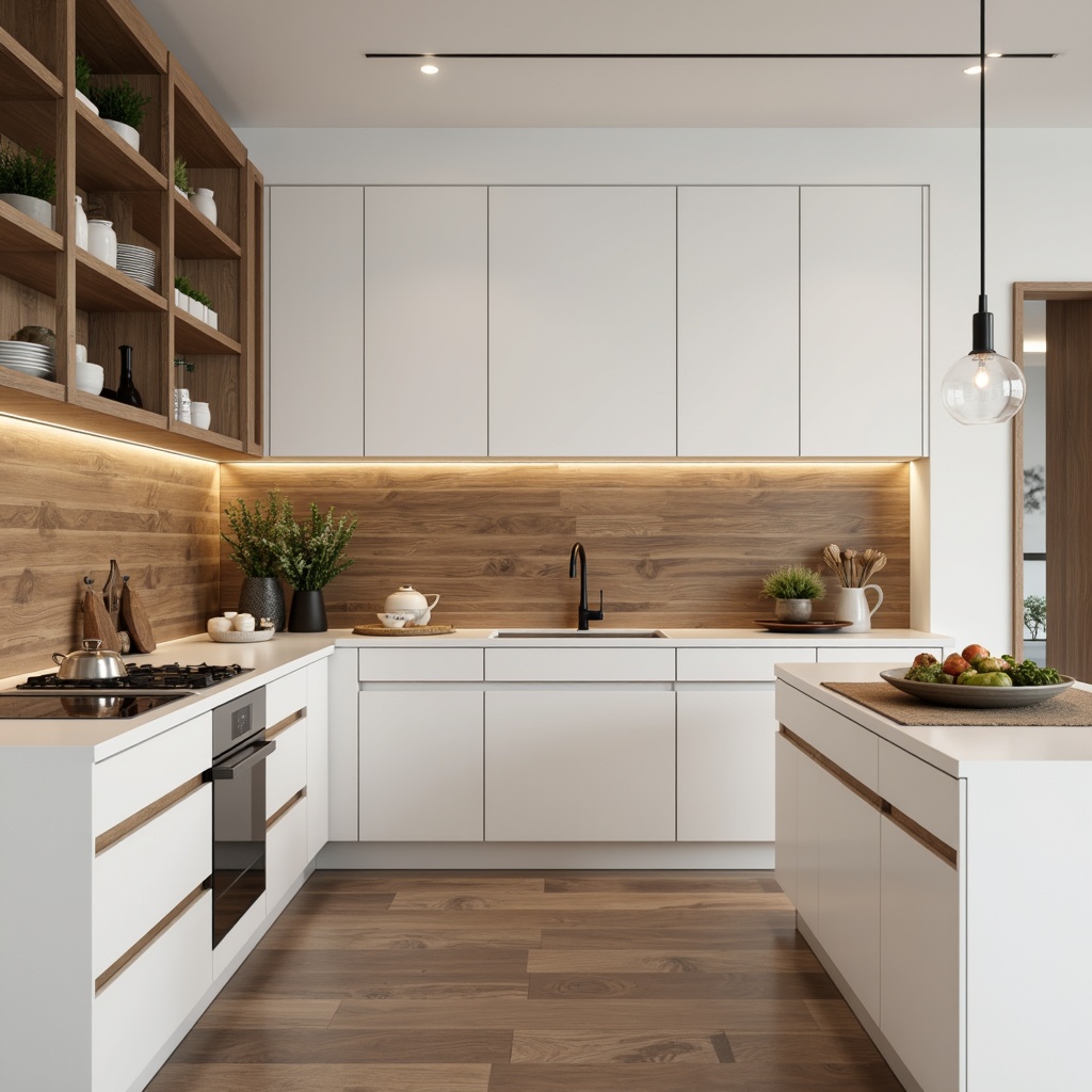 Prompt: Minimalist kitchen, clean lines, simple shapes, handle-free cabinets, matte white finishes, warm wood accents, soft-close drawers, induction cooktop, undermount sink, quartz countertops, LED lighting, sleek faucet, open shelving, natural stone backsplash, earthy color palette, organic textures, 1/1 composition, shallow depth of field, realistic renderings.