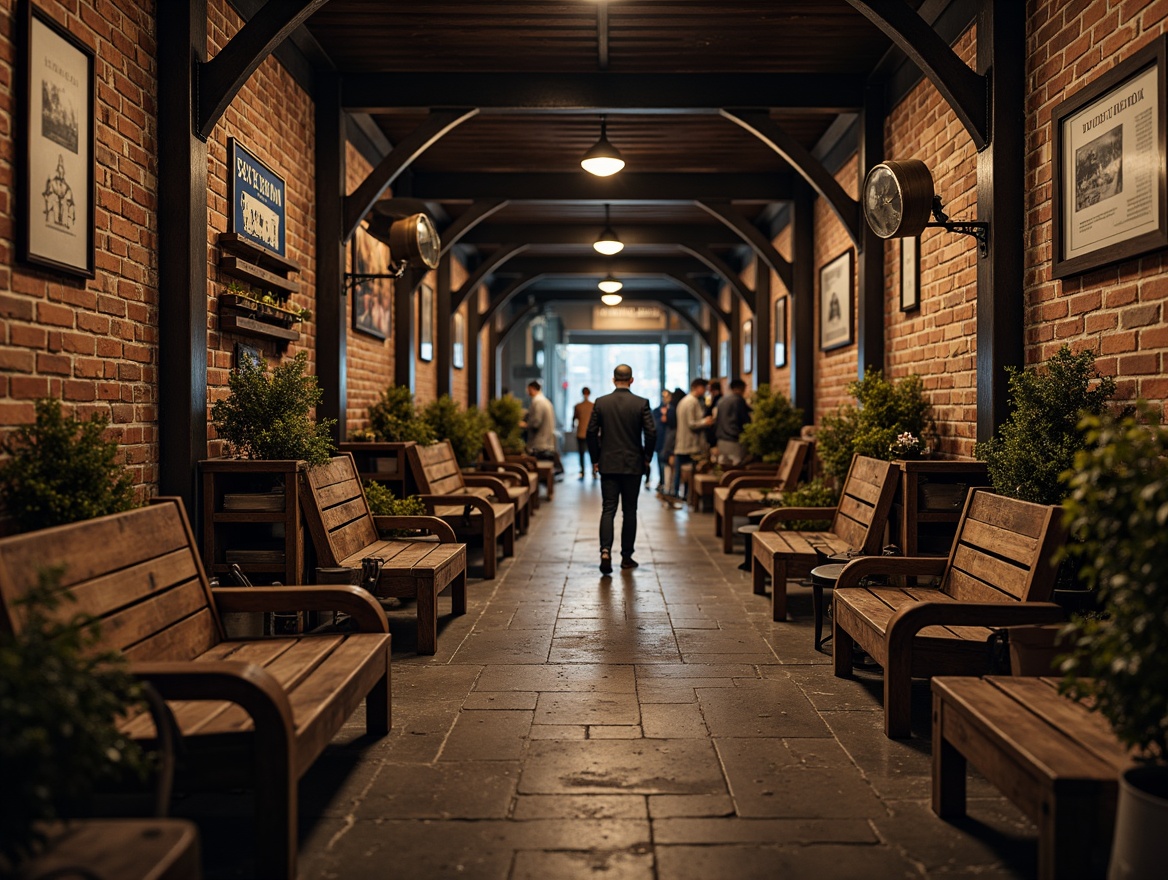 Prompt: Rustic wooden benches, vintage luggage racks, distressed brick walls, industrial metal beams, warm dim lighting, earthy tone color palette, natural stone flooring, comfortable seating areas, decorative train station clocks, nostalgic railway signage, lively urban atmosphere, moderate crowd density, shallow depth of field, 1/2 composition, realistic textures, ambient occlusion.