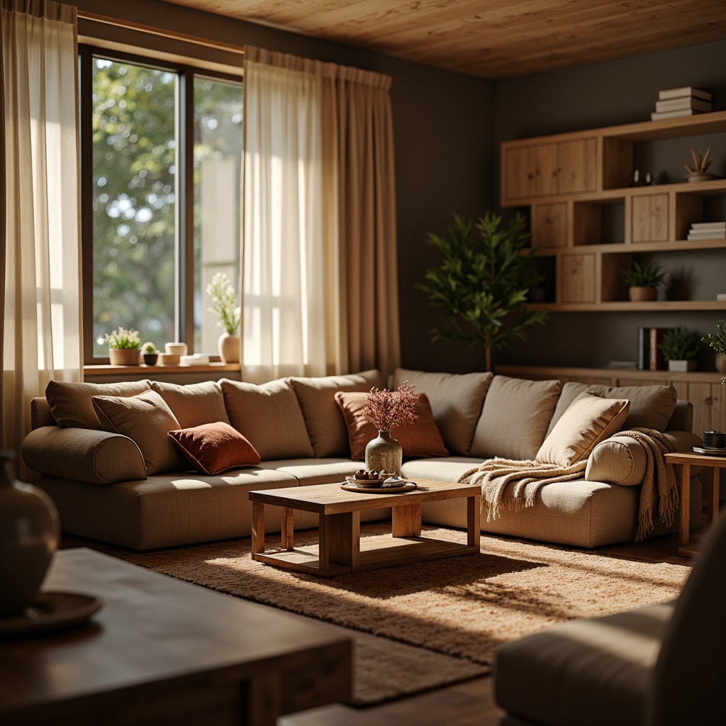 Prompt: Cozy living room, plush couch, velvety pillows, wooden coffee table, minimalist decor, soft warm lighting, comfortable seating arrangement, functional storage units, ergonomic chairs, natural fabric upholstery, earthy color palette, calm ambiance, shallow depth of field, 1/1 composition, realistic textures, ambient occlusion.