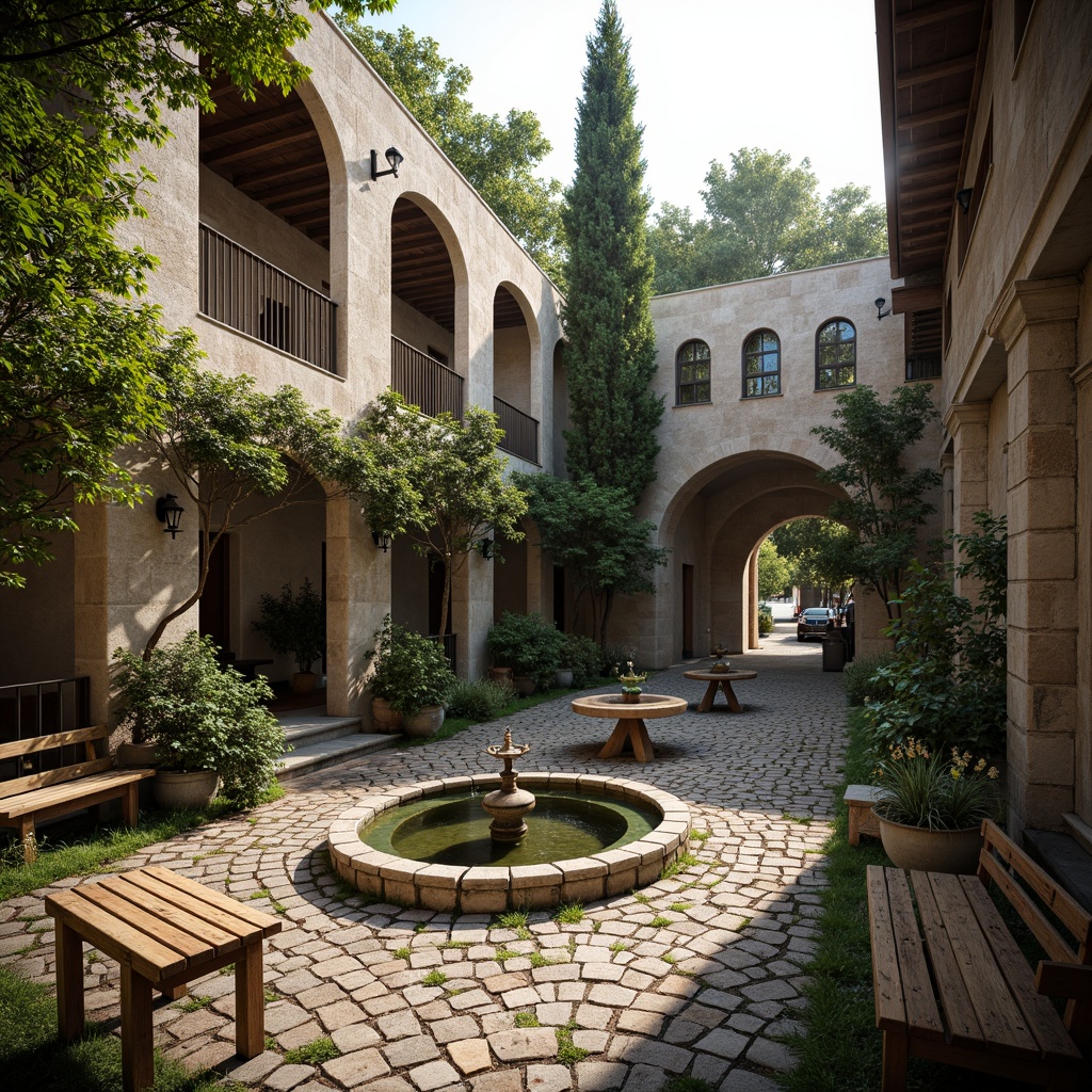 Prompt: Rustic monastery courtyard, weathered stone walls, worn brick pavement, lush greenery, ancient trees, wooden benches, ornate fountains, tranquil water features, soft warm lighting, natural textures, earthy color palette, rustic metal lanterns, distressed wood accents, peaceful ambiance, serene atmosphere, shallow depth of field, 1/1 composition, realistic renderings, ambient occlusion.